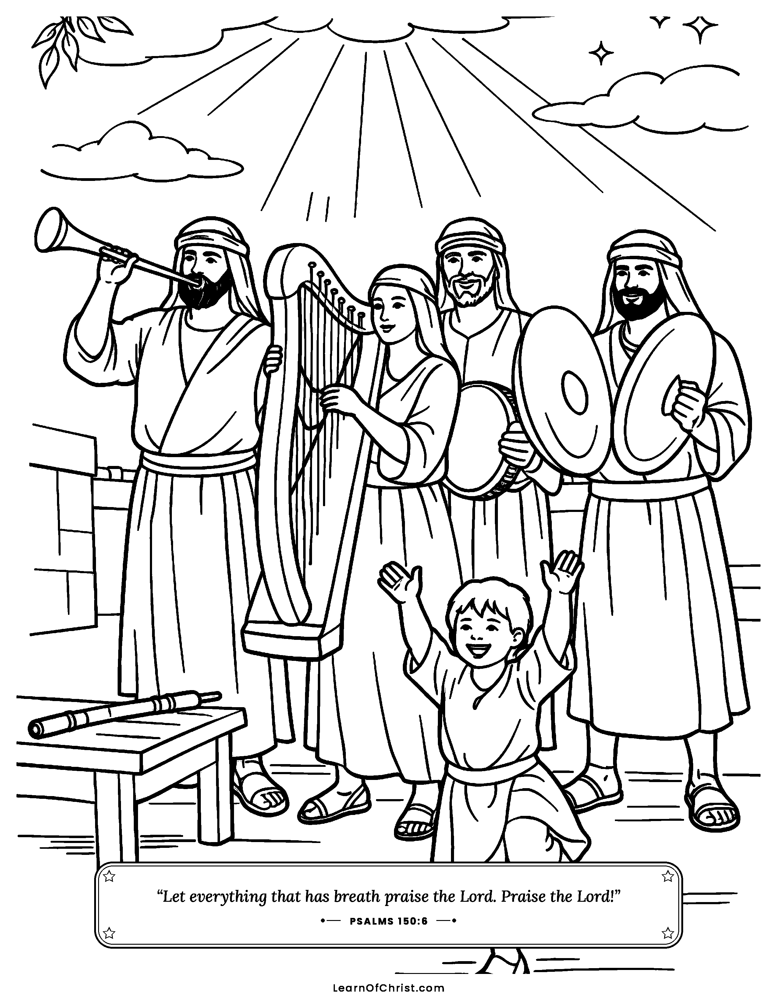 Psalms 150 coloring page - A whole band praising with every instrument. Free printable Bible coloring sheet for kids.