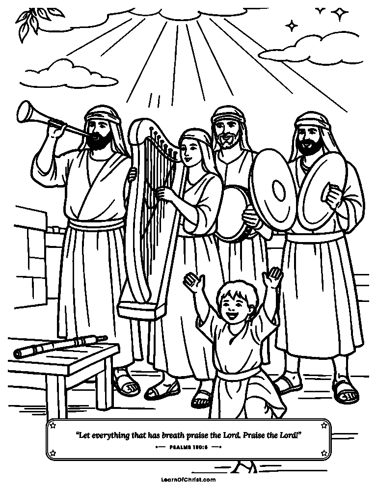 Psalms 150 coloring page - A whole band praising with every instrument