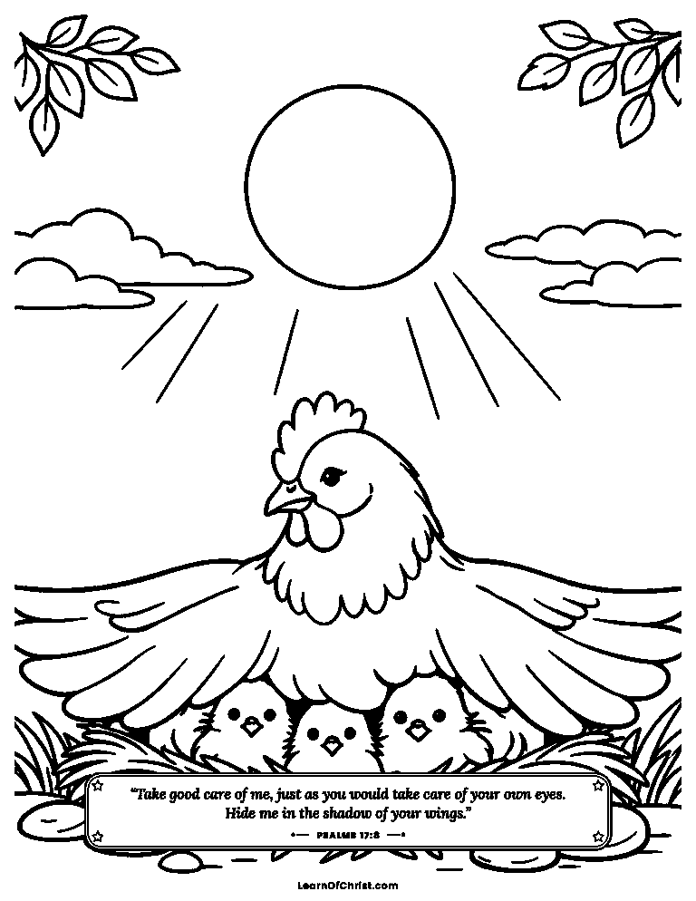 Psalms 17 coloring page - Chicks tucked under a mother bird's wing