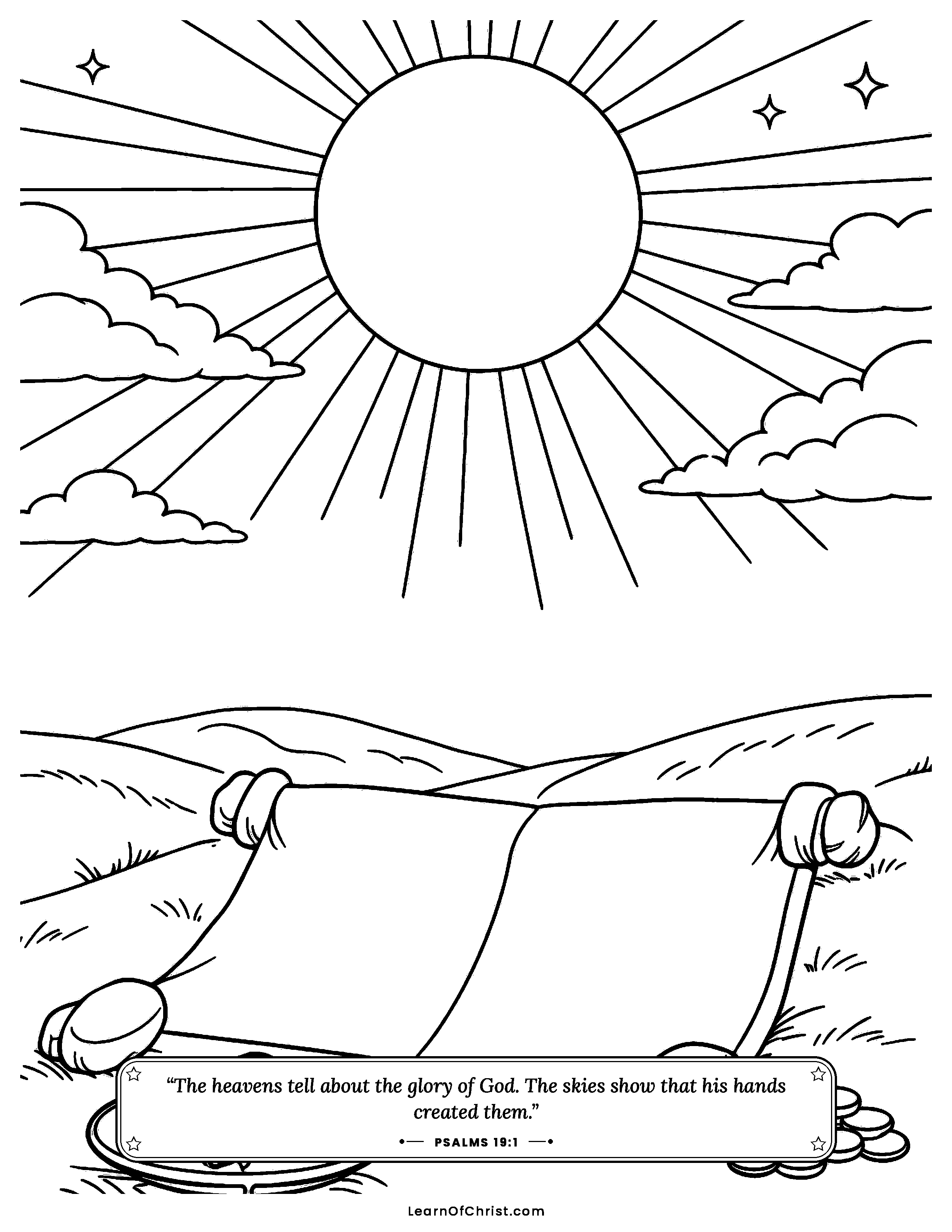 Psalms 19 coloring page - The sky and the scroll both speak. Free printable Bible coloring sheet for kids.