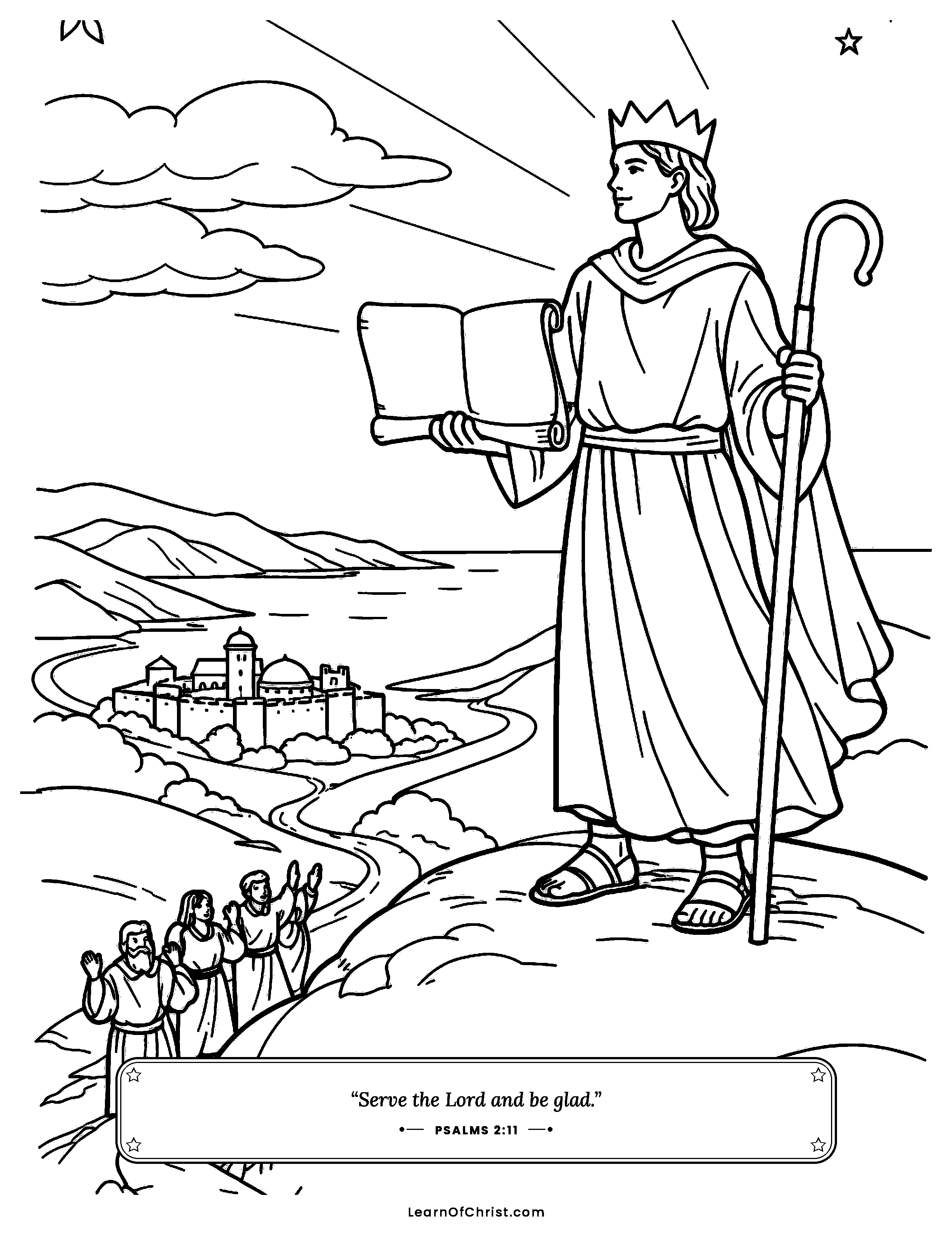 Psalms 2 coloring page - The chosen King on the high mountain. Free printable Bible coloring sheet for kids.