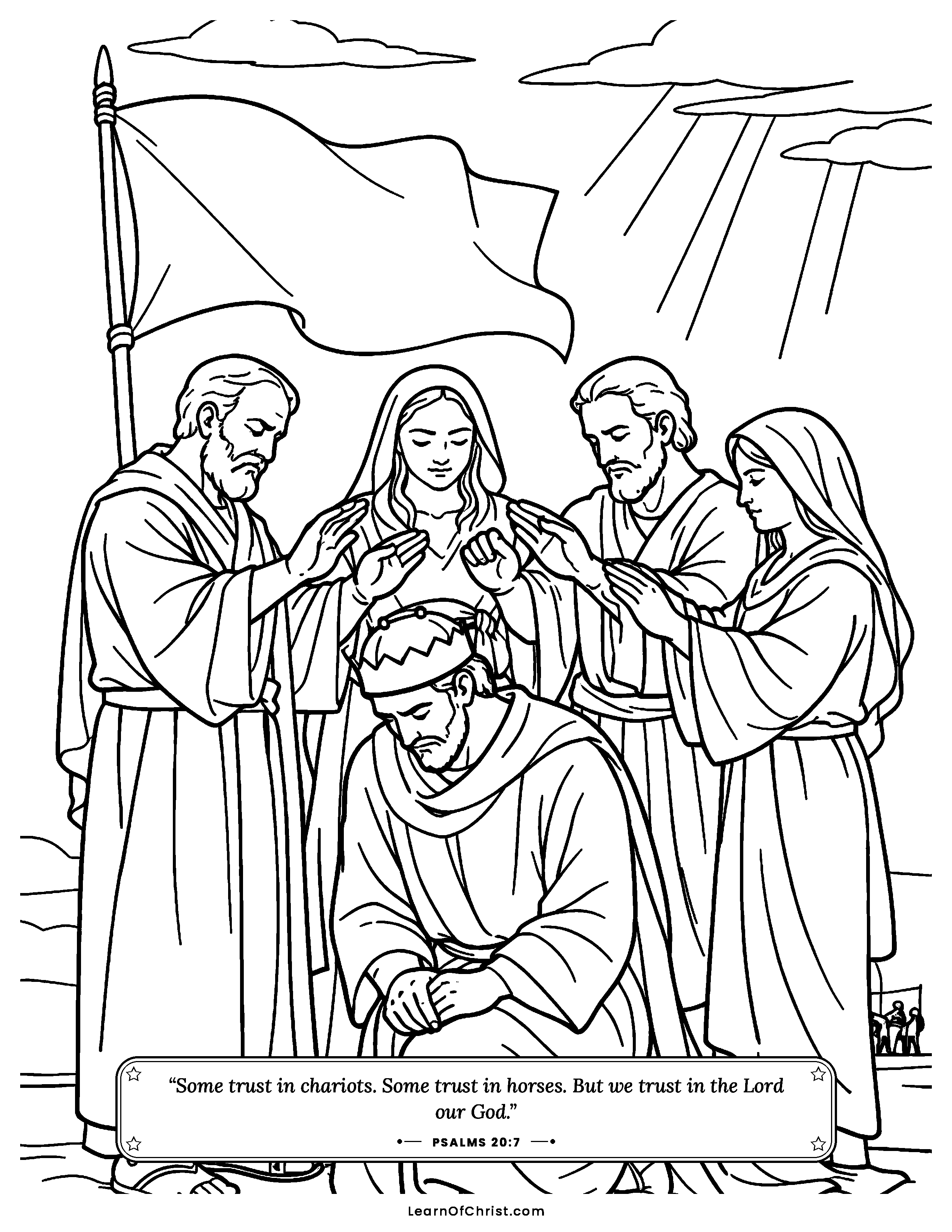 Psalms 20 coloring page - The people pray for their king. Free printable Bible coloring sheet for kids.
