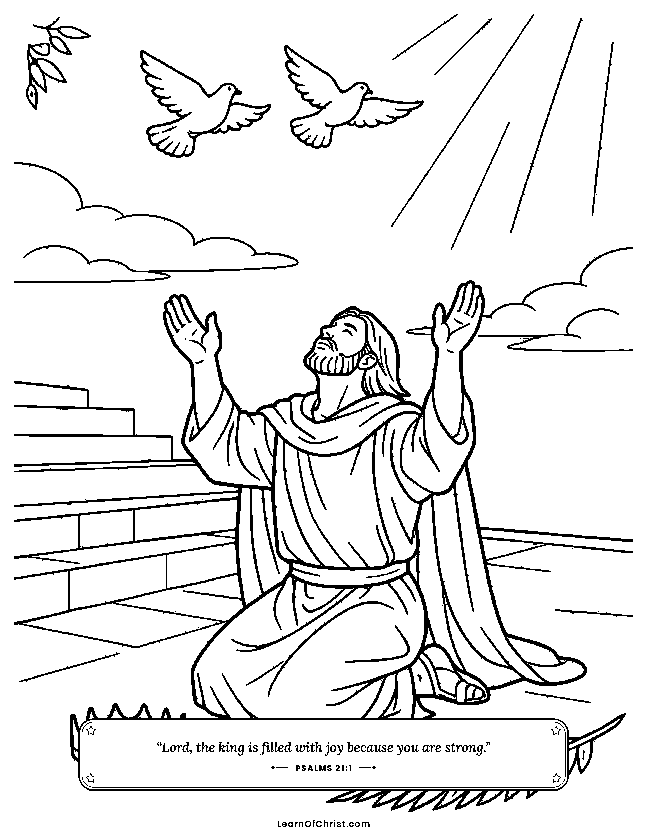 Psalms 21 coloring page - The king gives his crown back in thanks. Free printable Bible coloring sheet for kids.