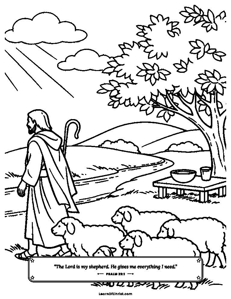 Psalms 23 coloring page - The shepherd leads his sheep to water
