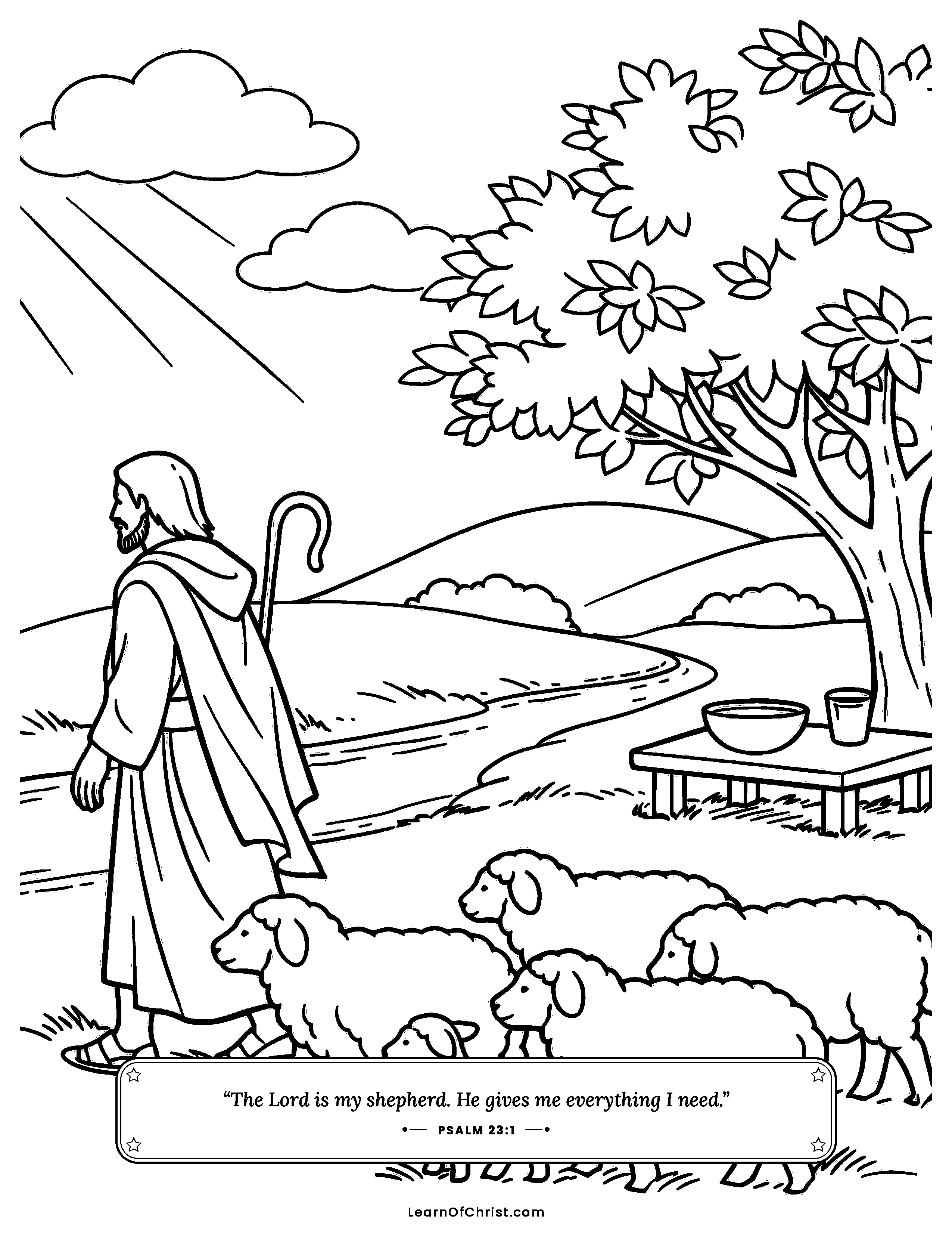 Psalms 23 coloring page - The shepherd leads his sheep to water. Free printable Bible coloring sheet for kids.