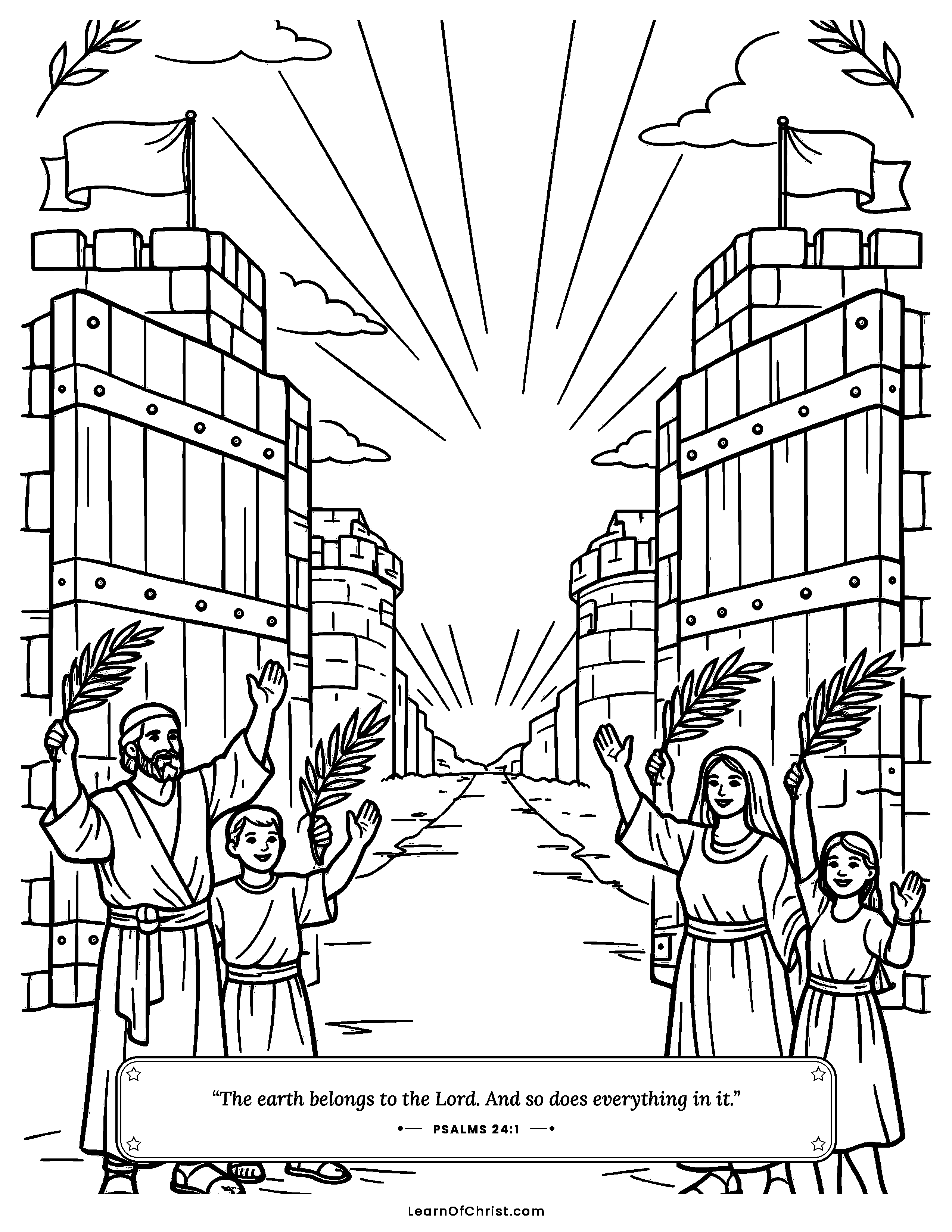 Psalms 24 coloring page - The city gates open for the King. Free printable Bible coloring sheet for kids.