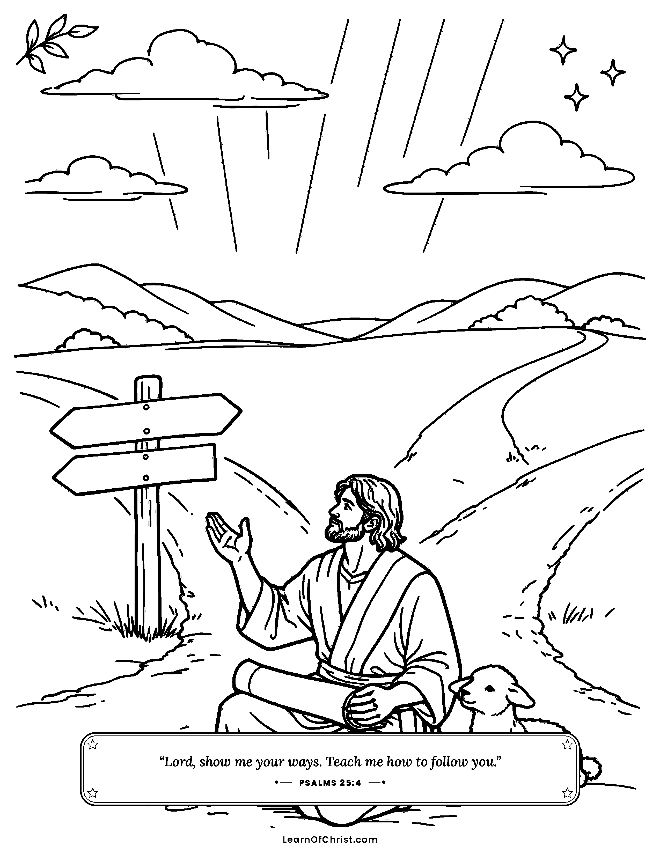 Psalms 25 coloring page - Asking the way at the crossroads. Free printable Bible coloring sheet for kids.
