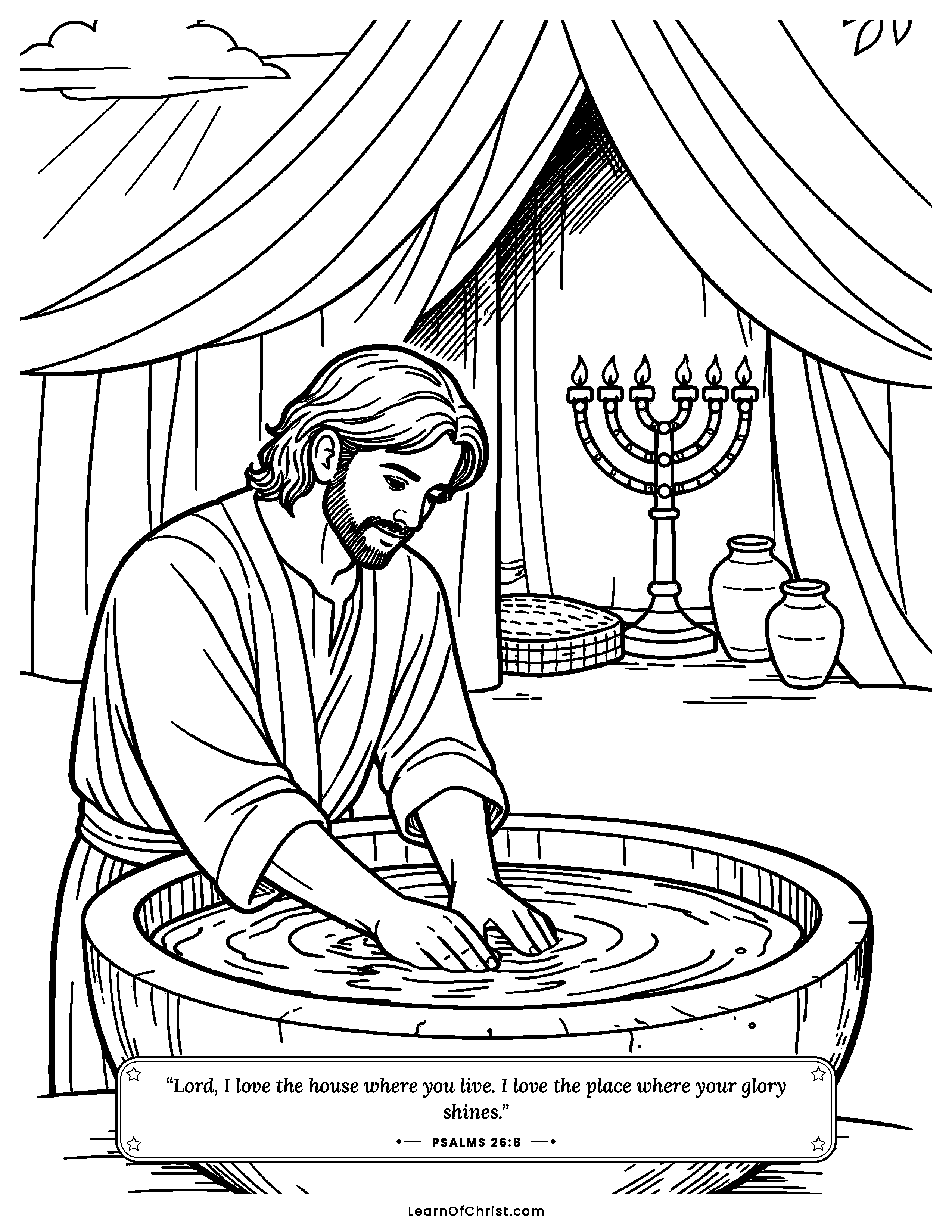 Psalms 26 coloring page - Washing hands at the sacred tent. Free printable Bible coloring sheet for kids.