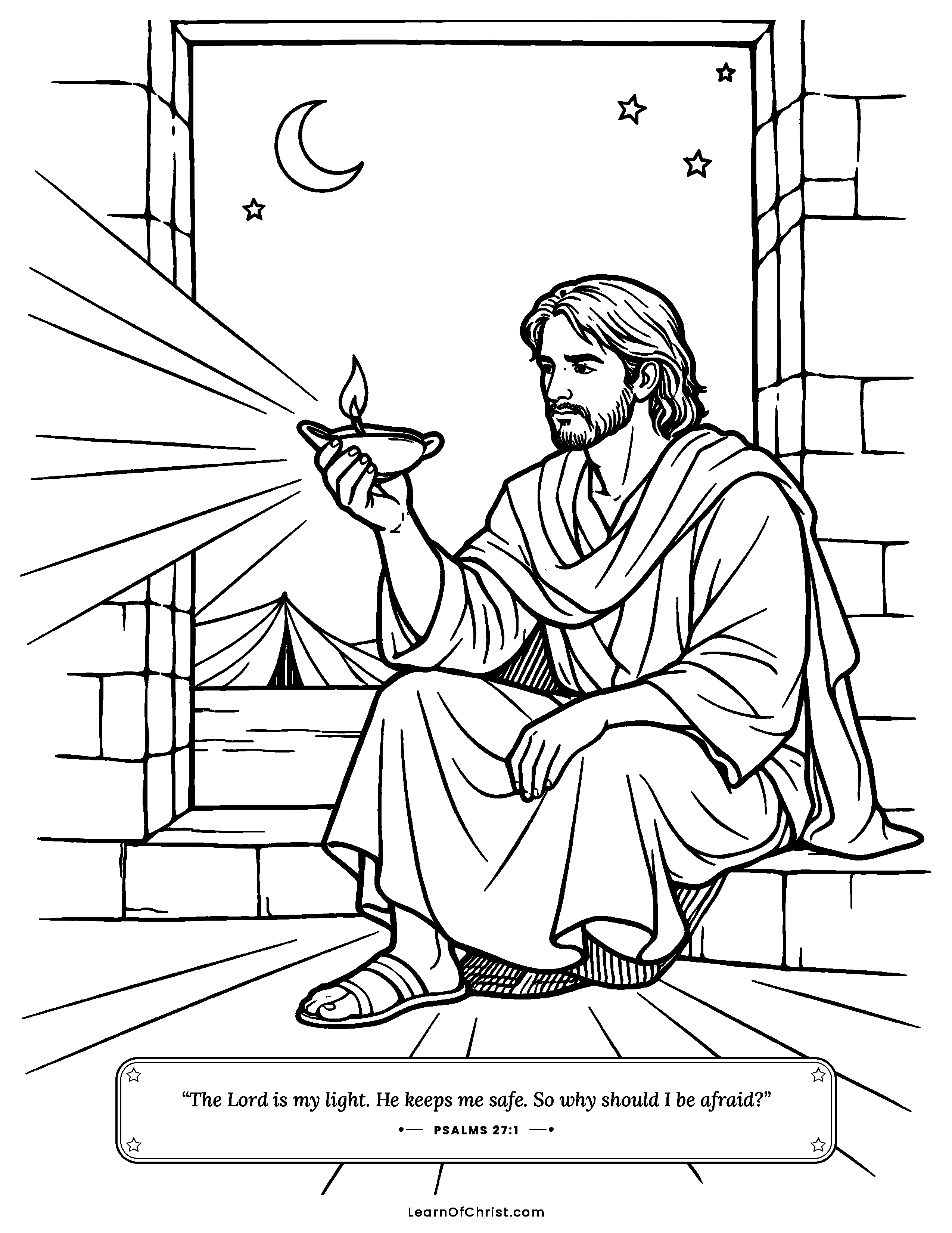 Psalms 27 coloring page - One little lamp lights the dark. Free printable Bible coloring sheet for kids.