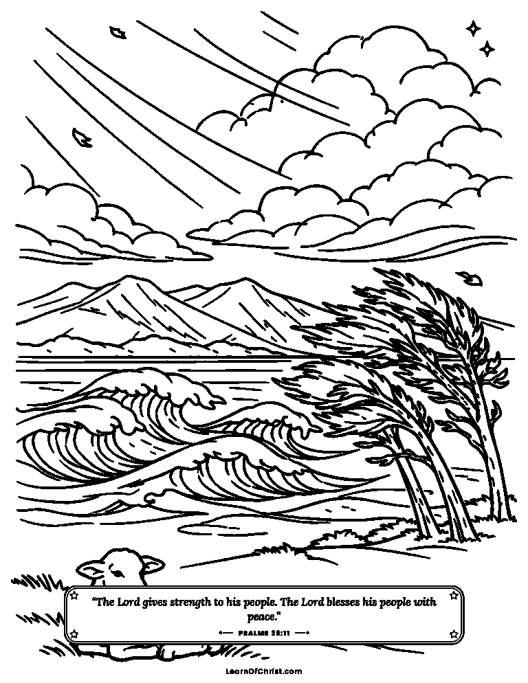 Psalms 29 coloring page - God's voice over the water and trees
