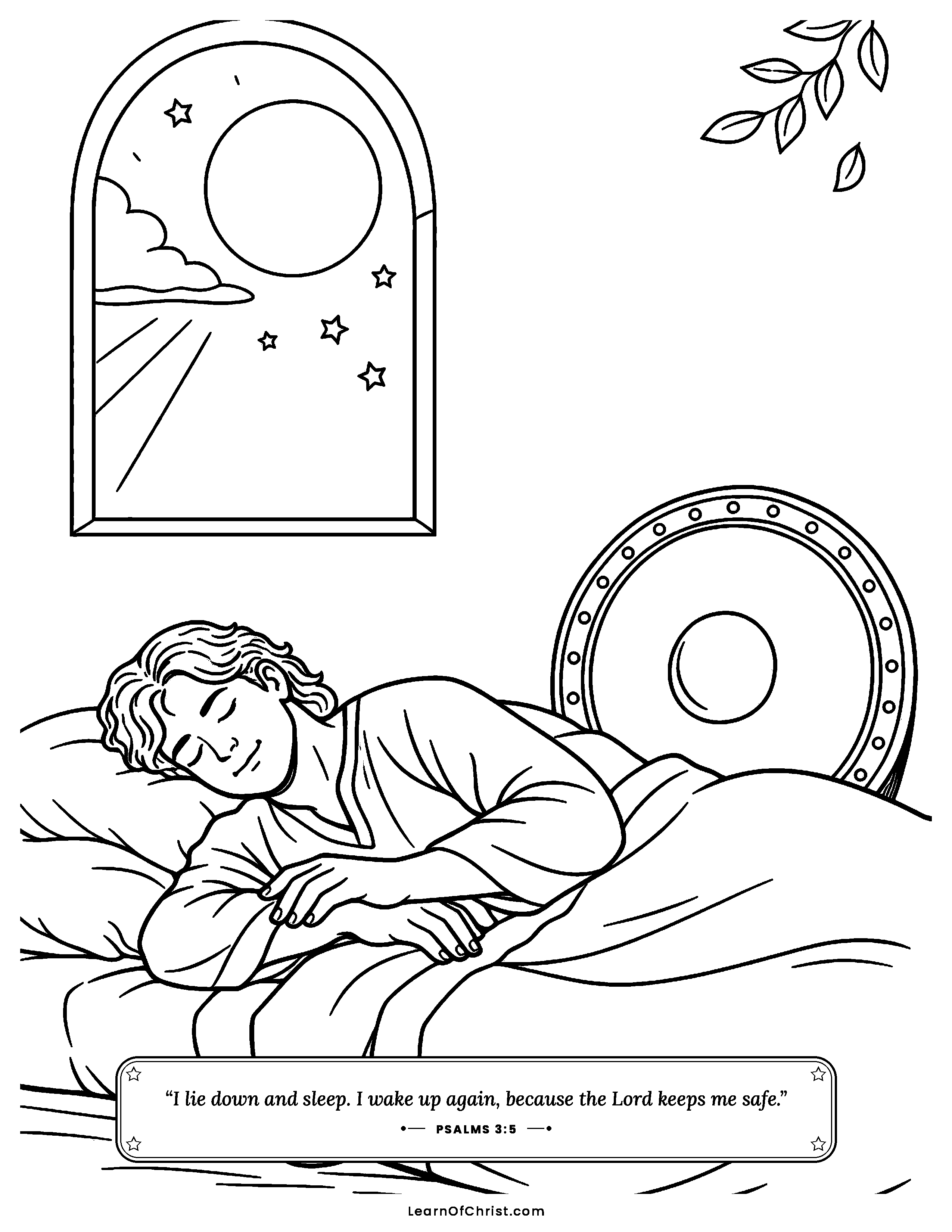 Psalms 3 coloring page - David sleeps in peace at night. Free printable Bible coloring sheet for kids.