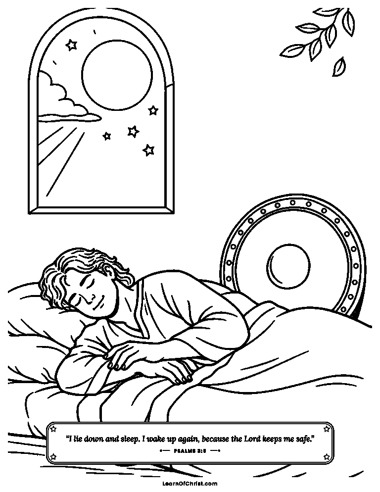 Psalms 3 coloring page - David sleeps in peace at night