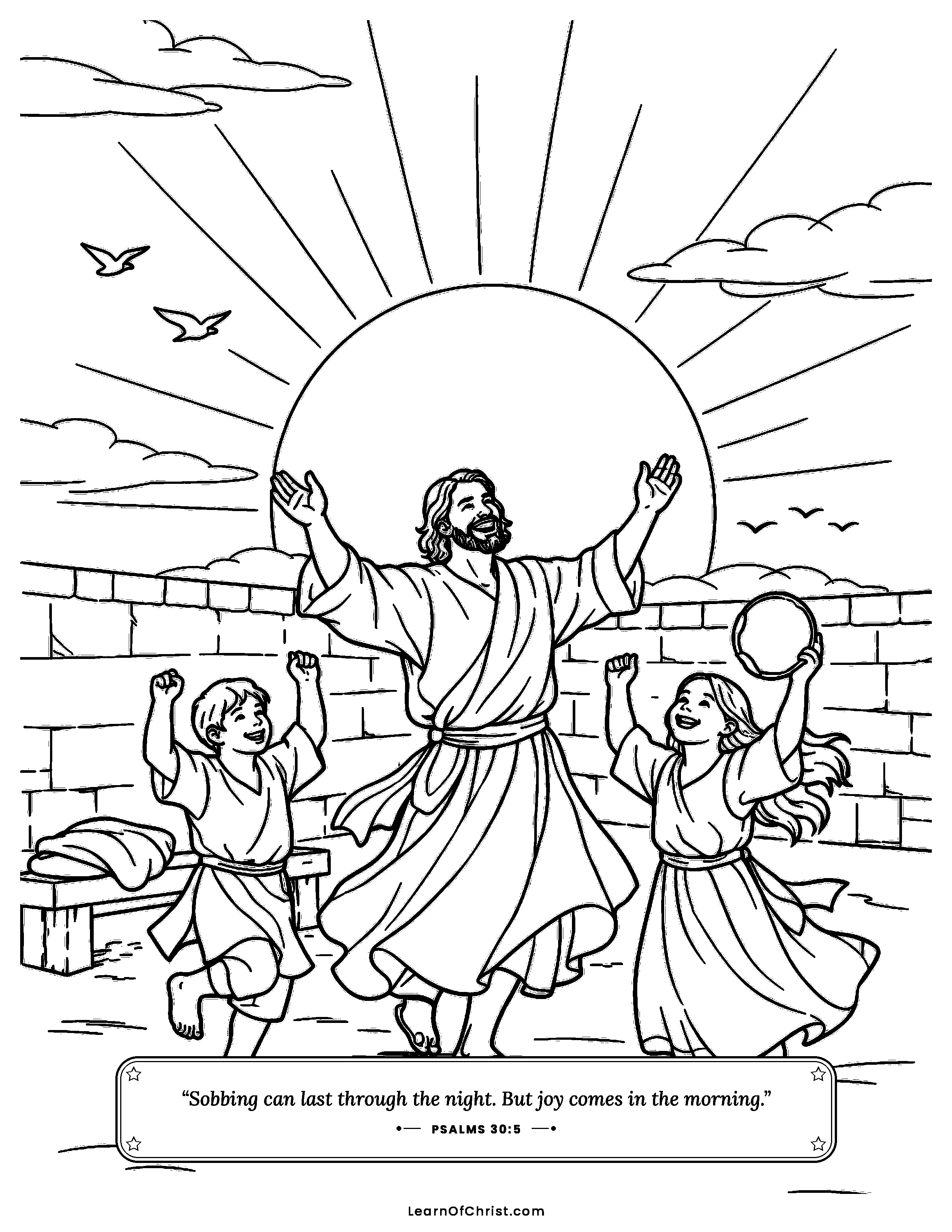 Psalms 30 coloring page - Crying turns into morning dancing. Free printable Bible coloring sheet for kids.