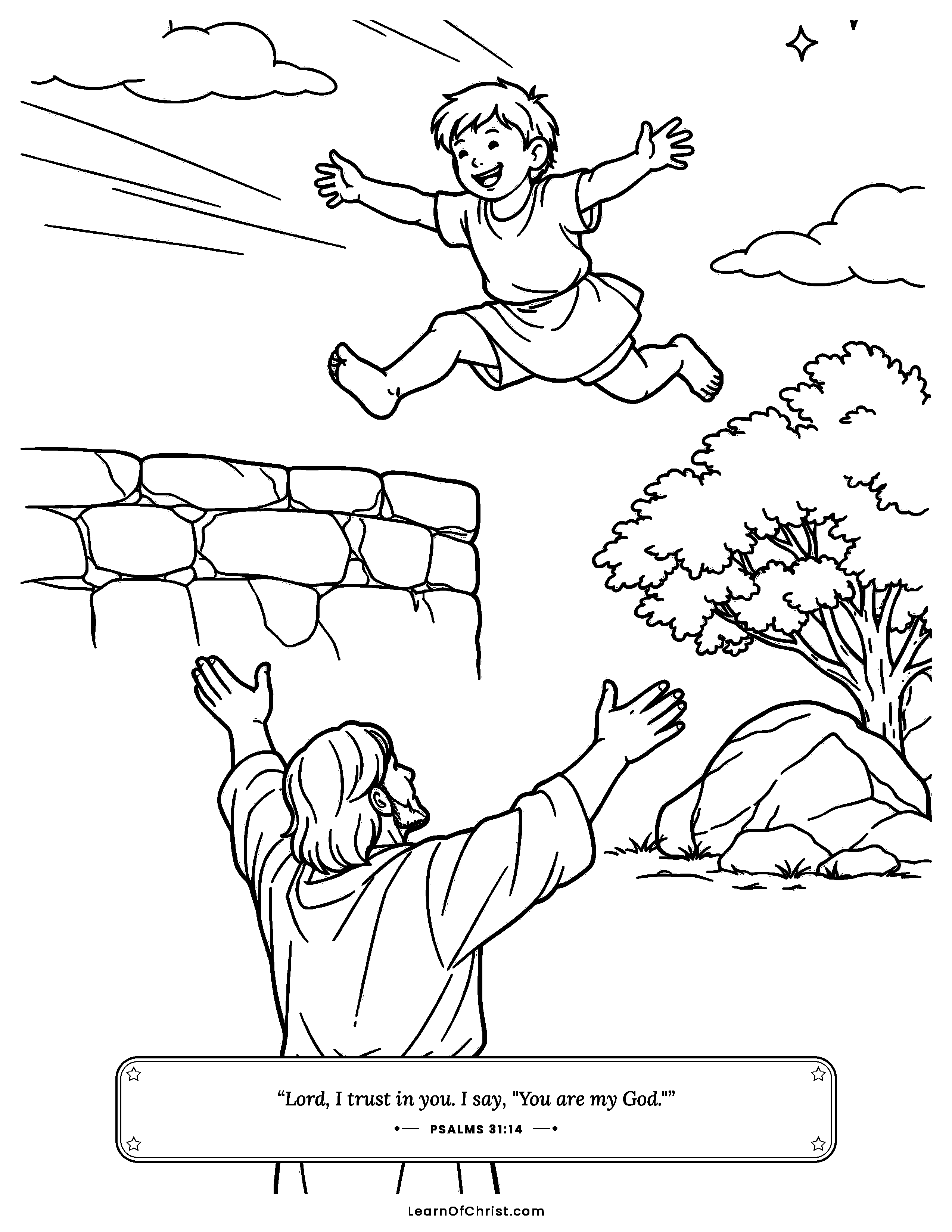 Psalms 31 coloring page - Jumping into strong waiting arms. Free printable Bible coloring sheet for kids.