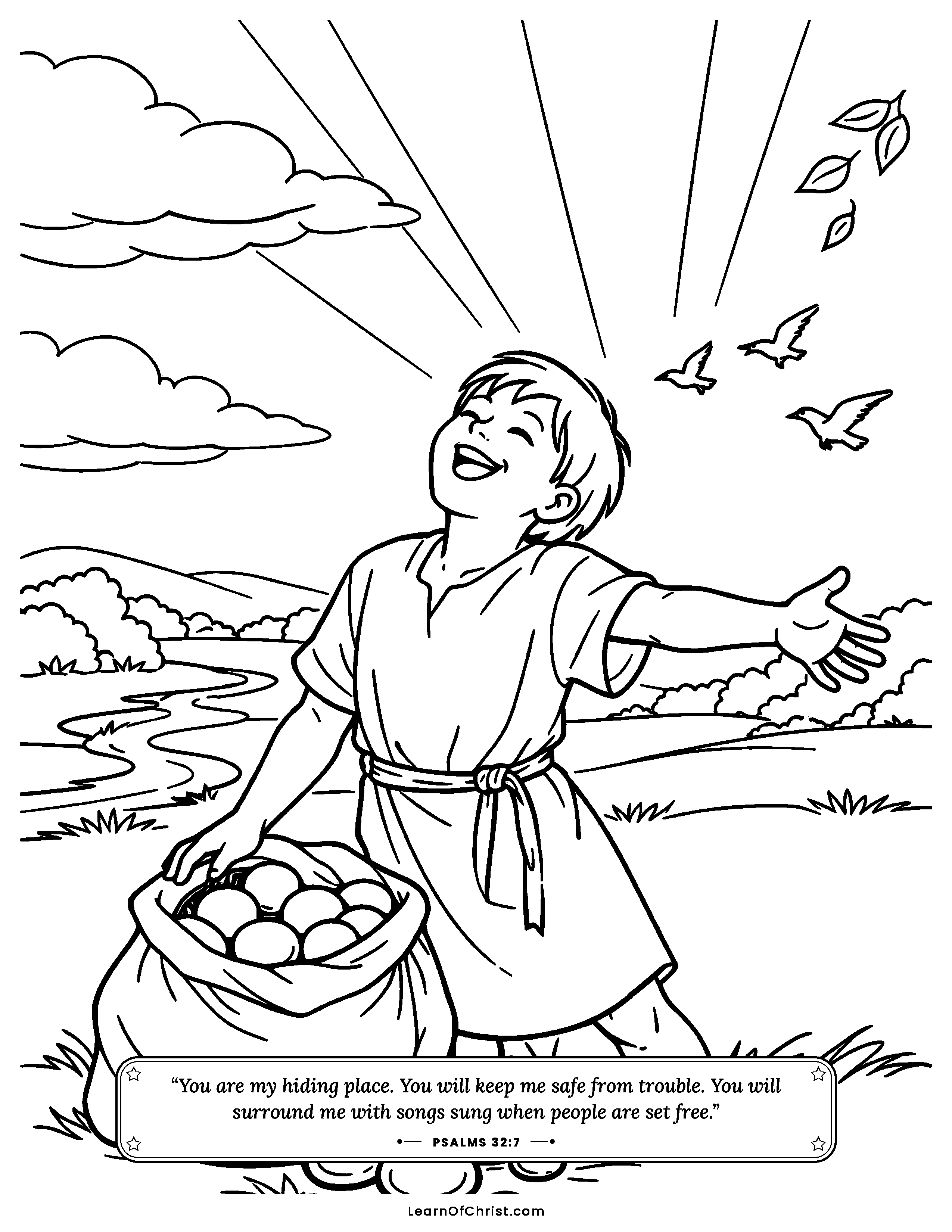 Psalms 32 coloring page - Setting down the heavy sack of stones. Free printable Bible coloring sheet for kids.