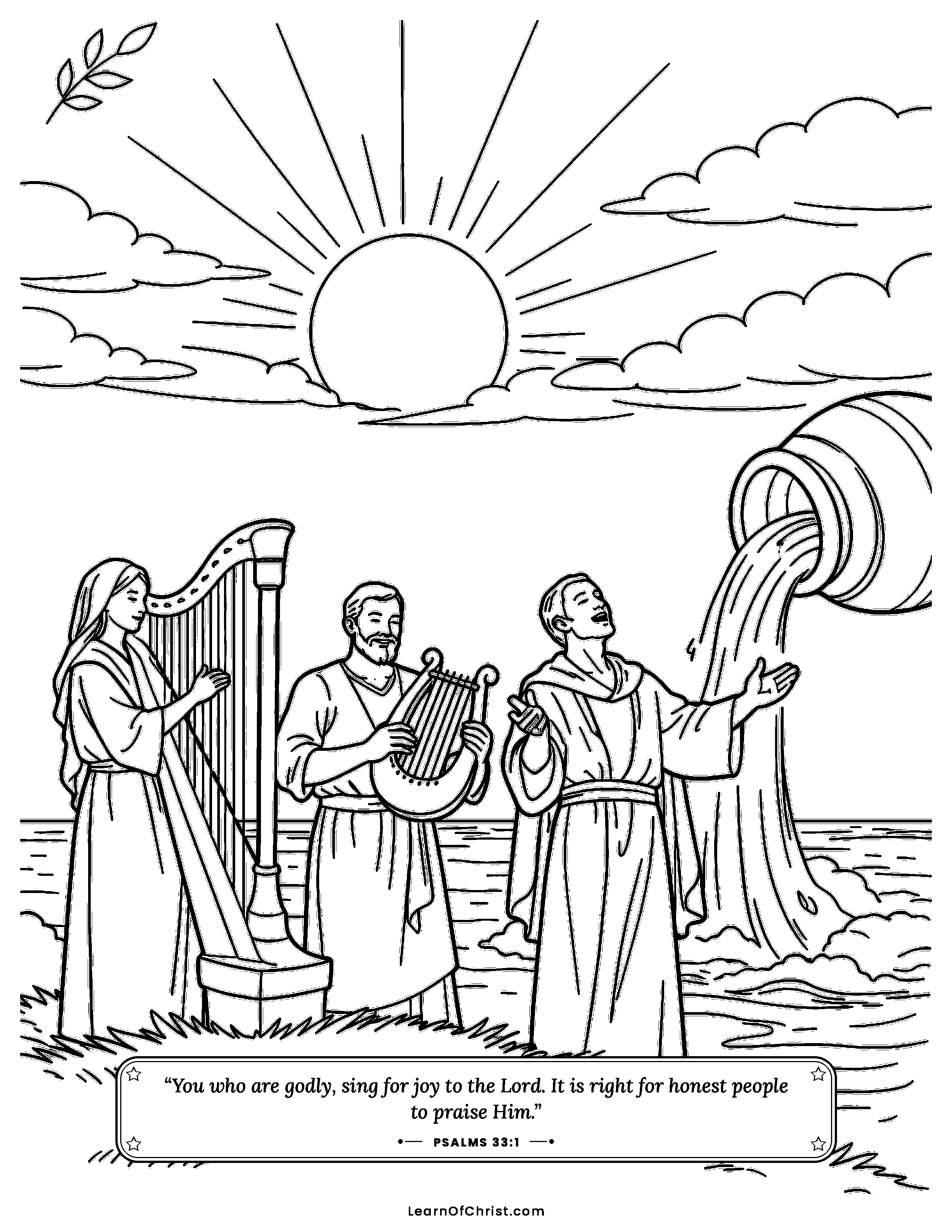 Psalms 33 coloring page - A new song under the great sky. Free printable Bible coloring sheet for kids.