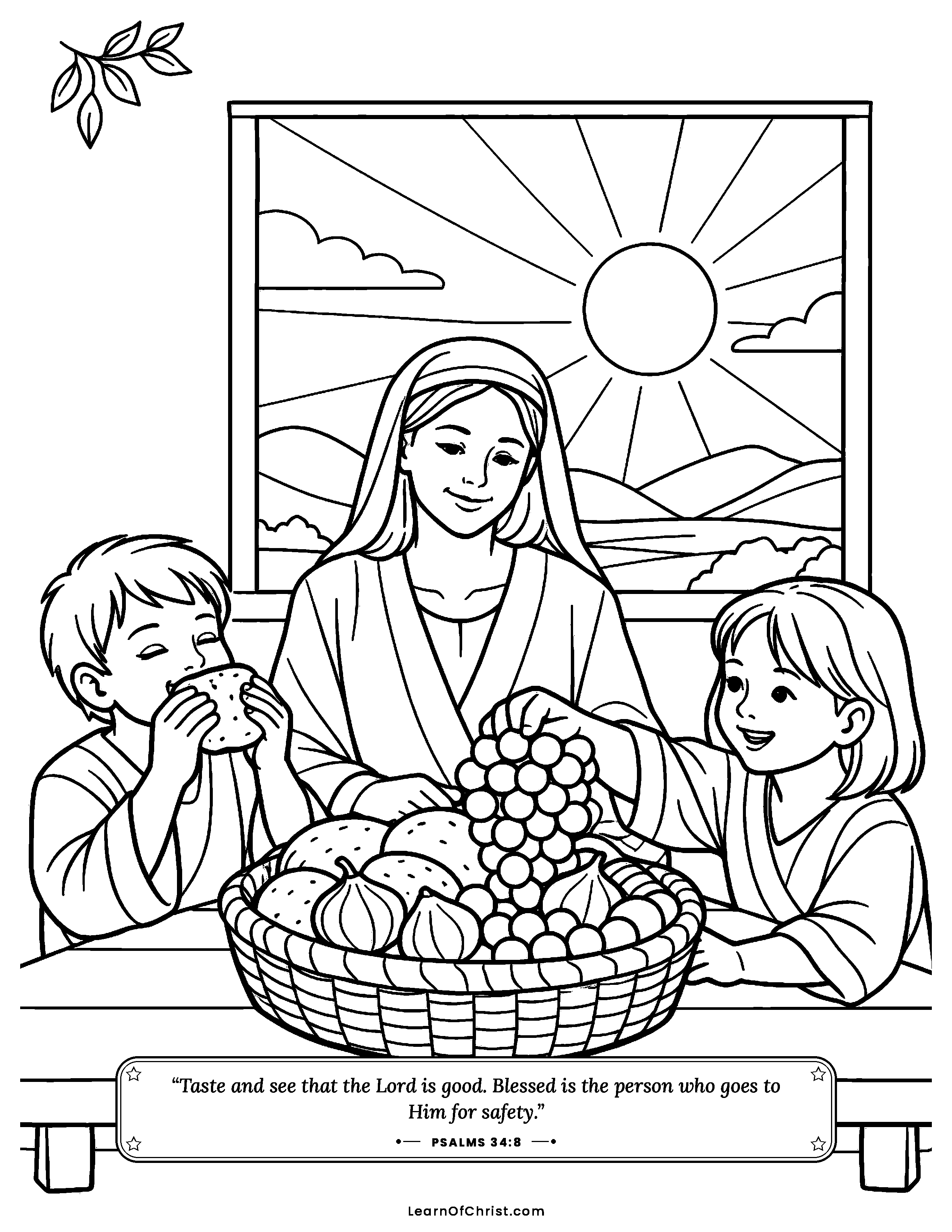 Psalms 34 coloring page - Tasting and seeing that God is good. Free printable Bible coloring sheet for kids.
