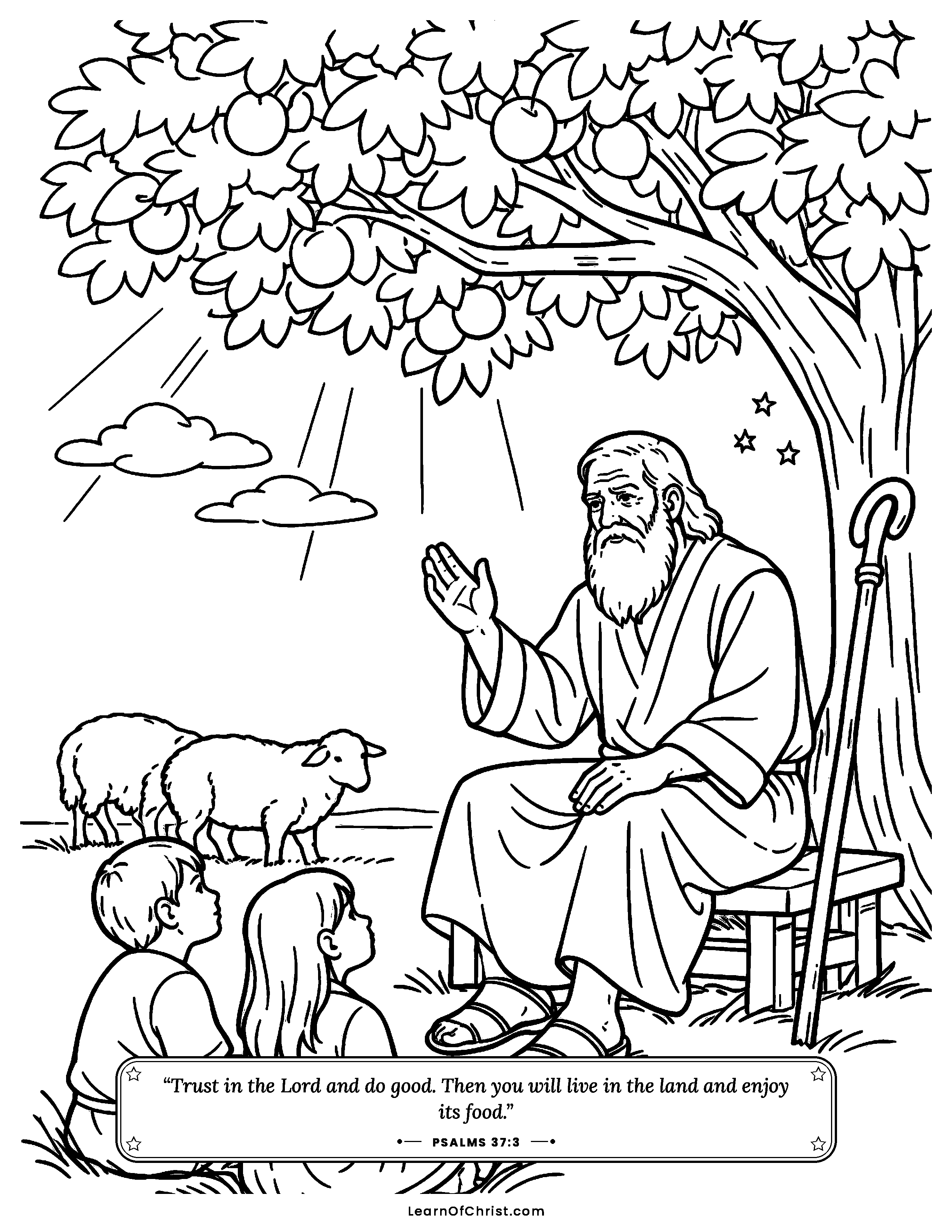Psalms 37 coloring page - Grandfather teaches the children patience. Free printable Bible coloring sheet for kids.