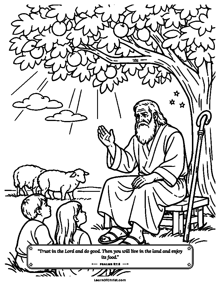 Psalms 37 coloring page - Grandfather teaches the children patience