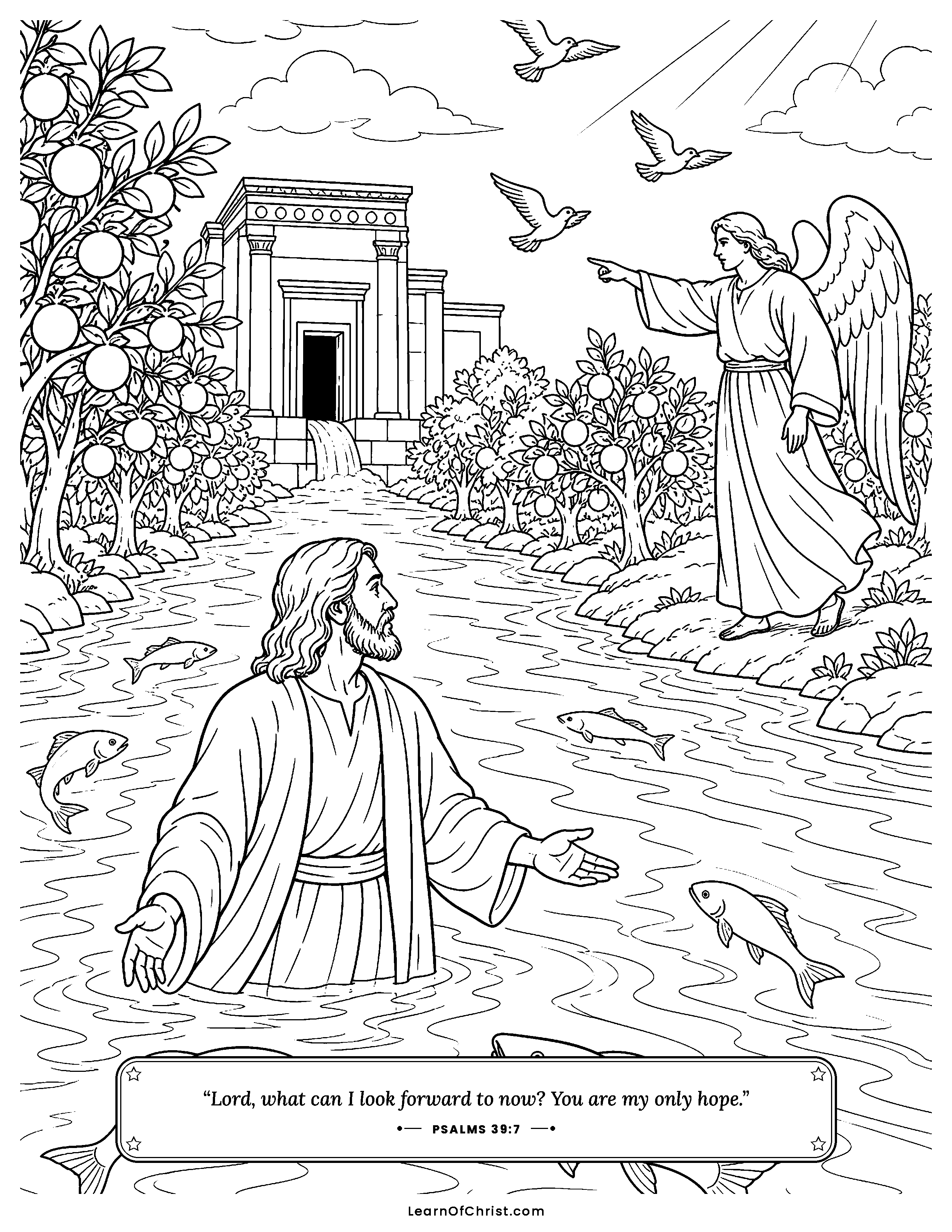 Psalms 39 coloring page - Guarding words while the shadow moves. Free printable Bible coloring sheet for kids.