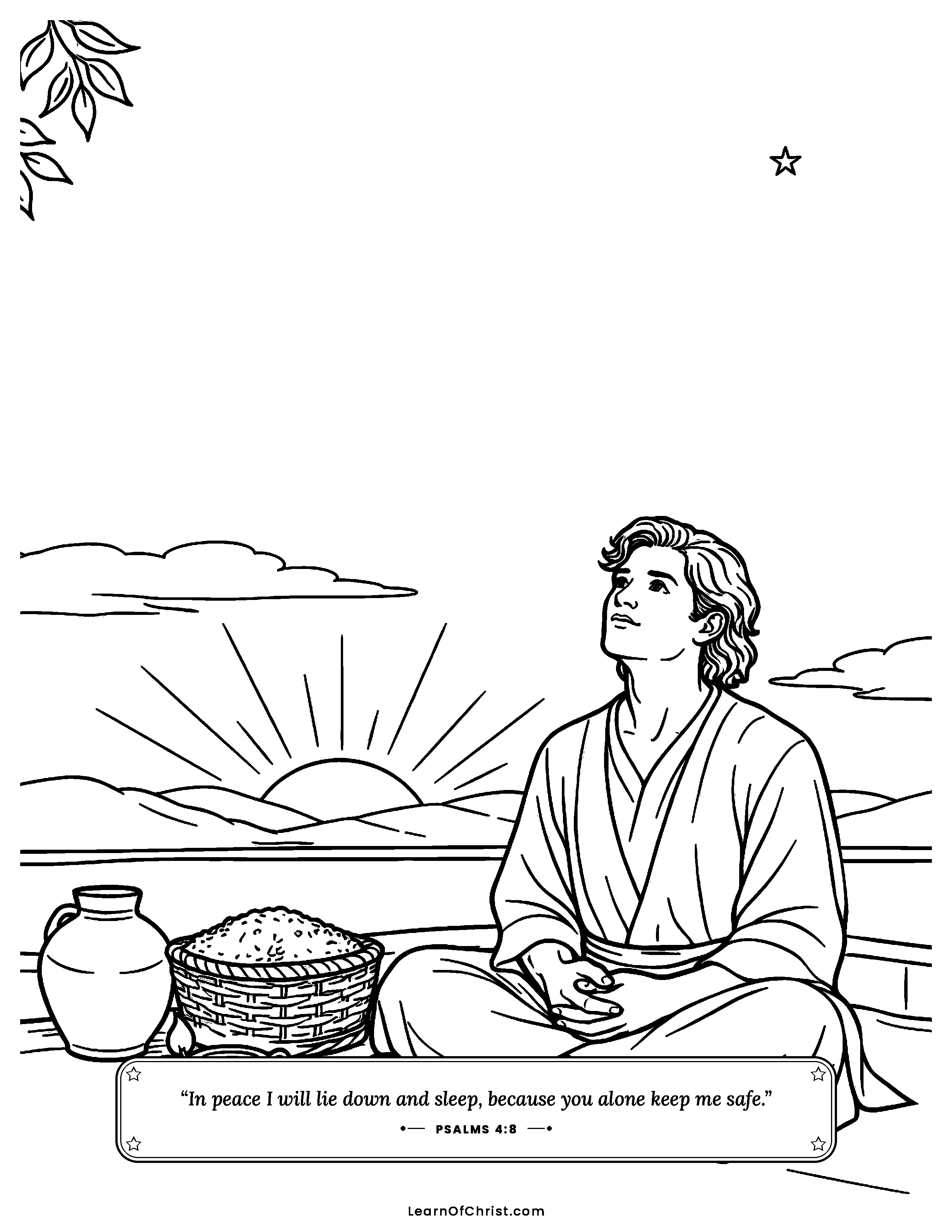 Psalms 4 coloring page - Evening thanks on the rooftop. Free printable Bible coloring sheet for kids.