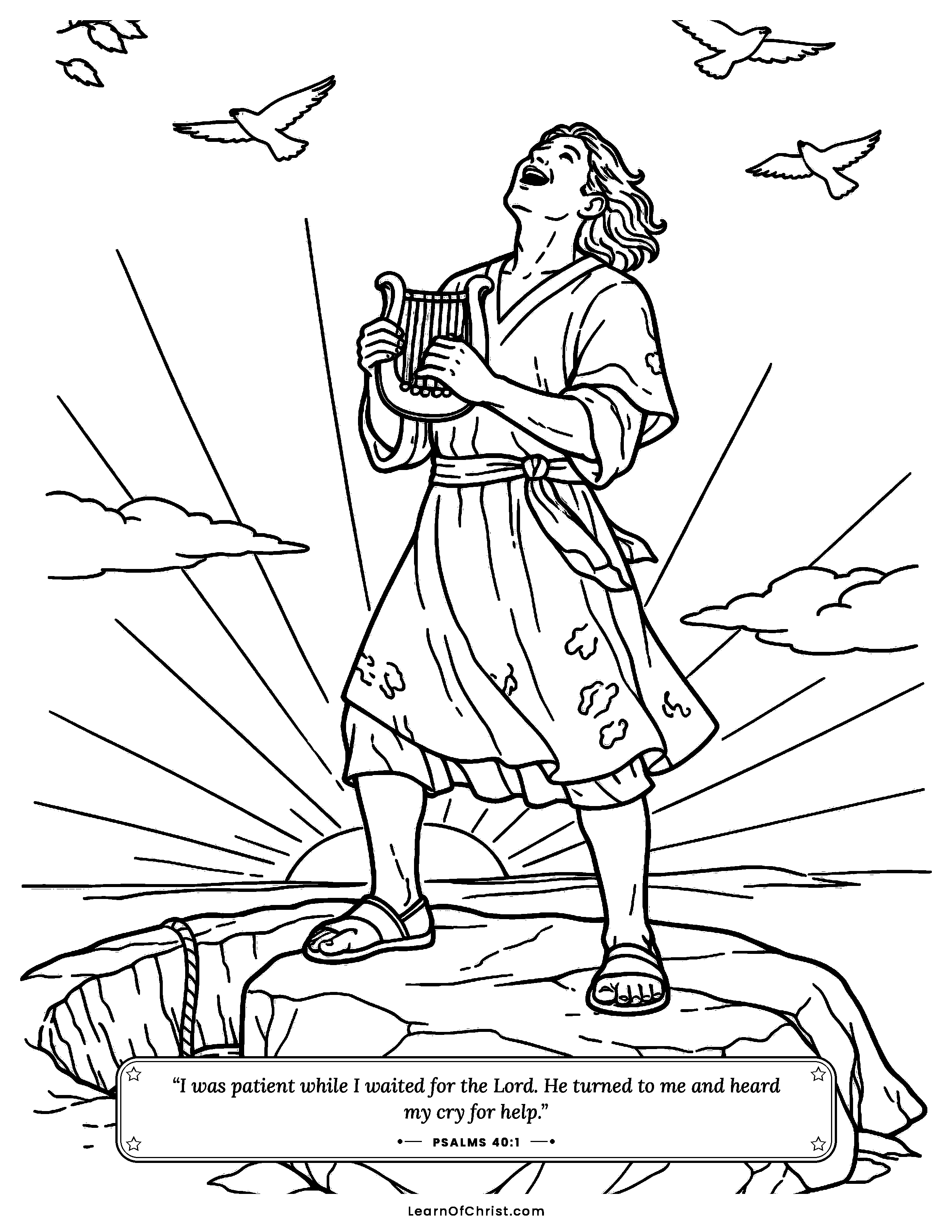 Psalms 40 coloring page - A new song on solid rock. Free printable Bible coloring sheet for kids.