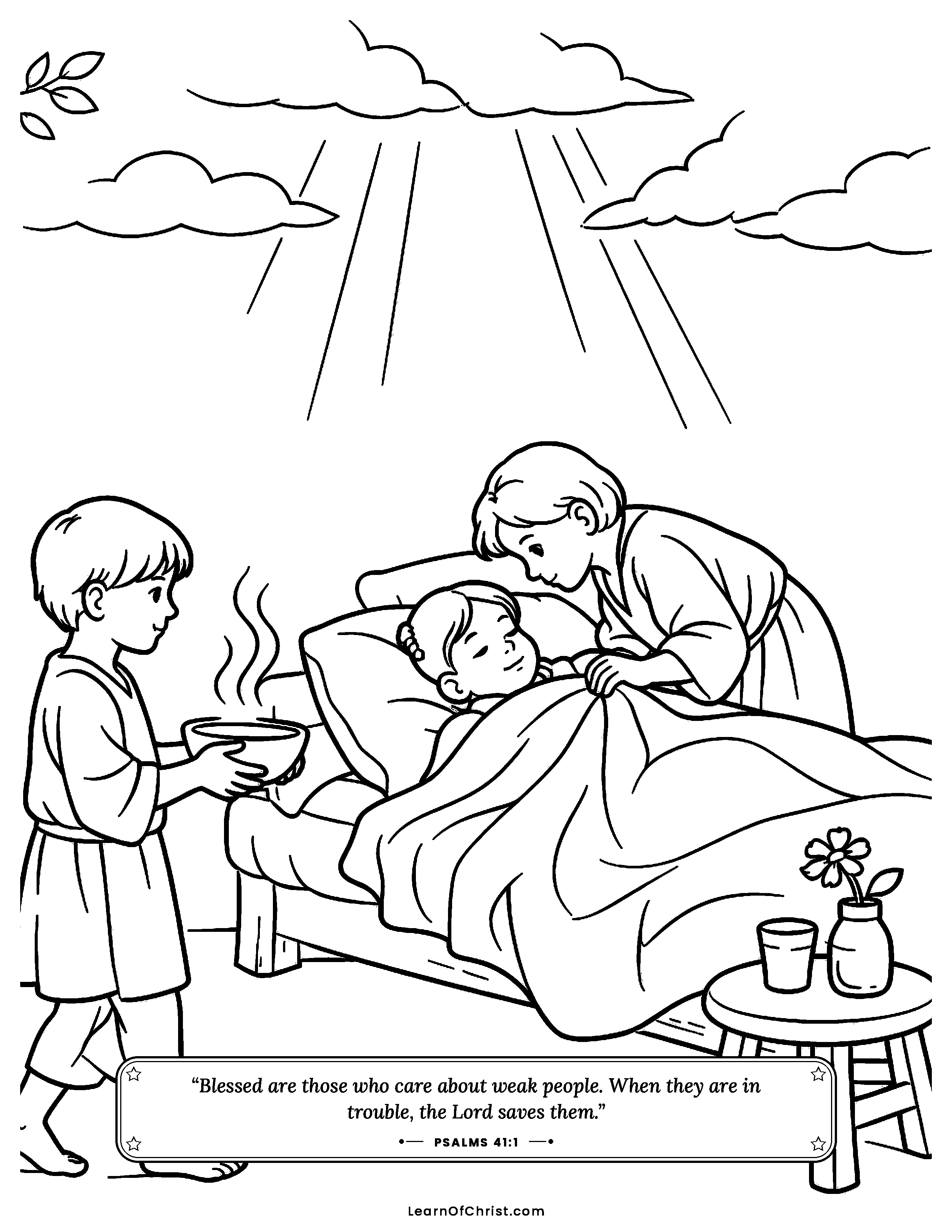 Psalms 41 coloring page - A child cares for a sick friend. Free printable Bible coloring sheet for kids.