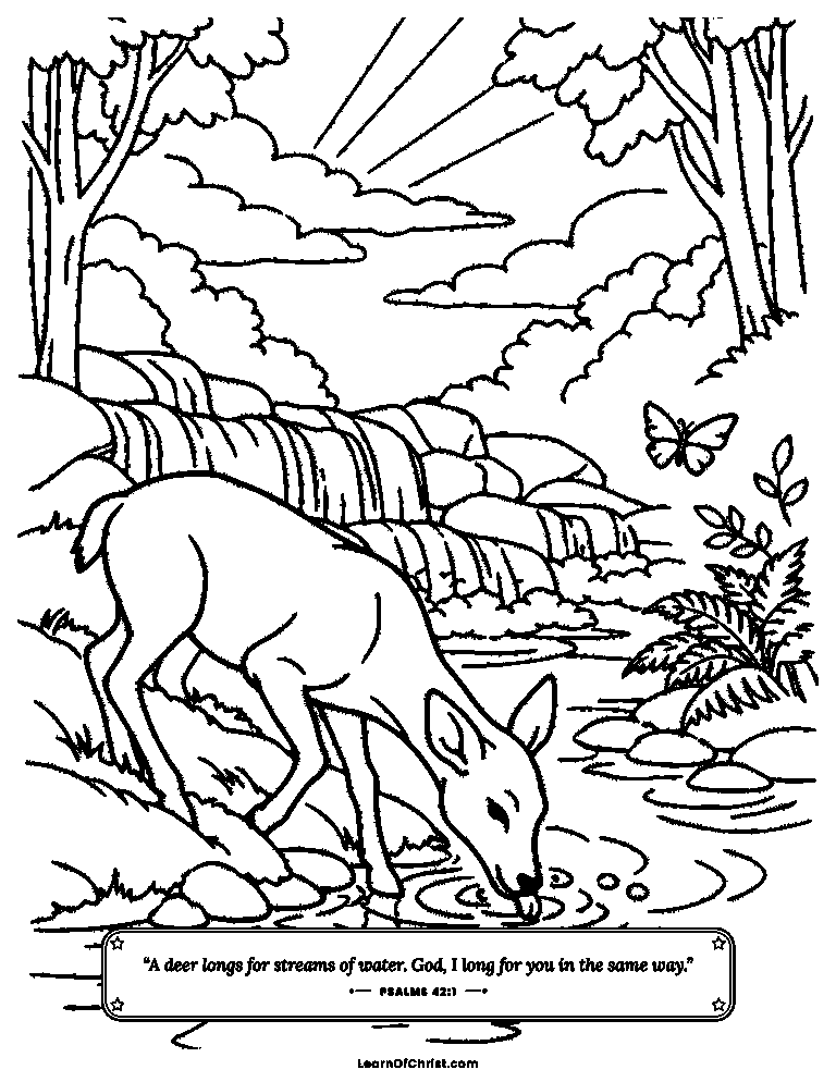 Psalms 42 coloring page - A thirsty deer finds the stream