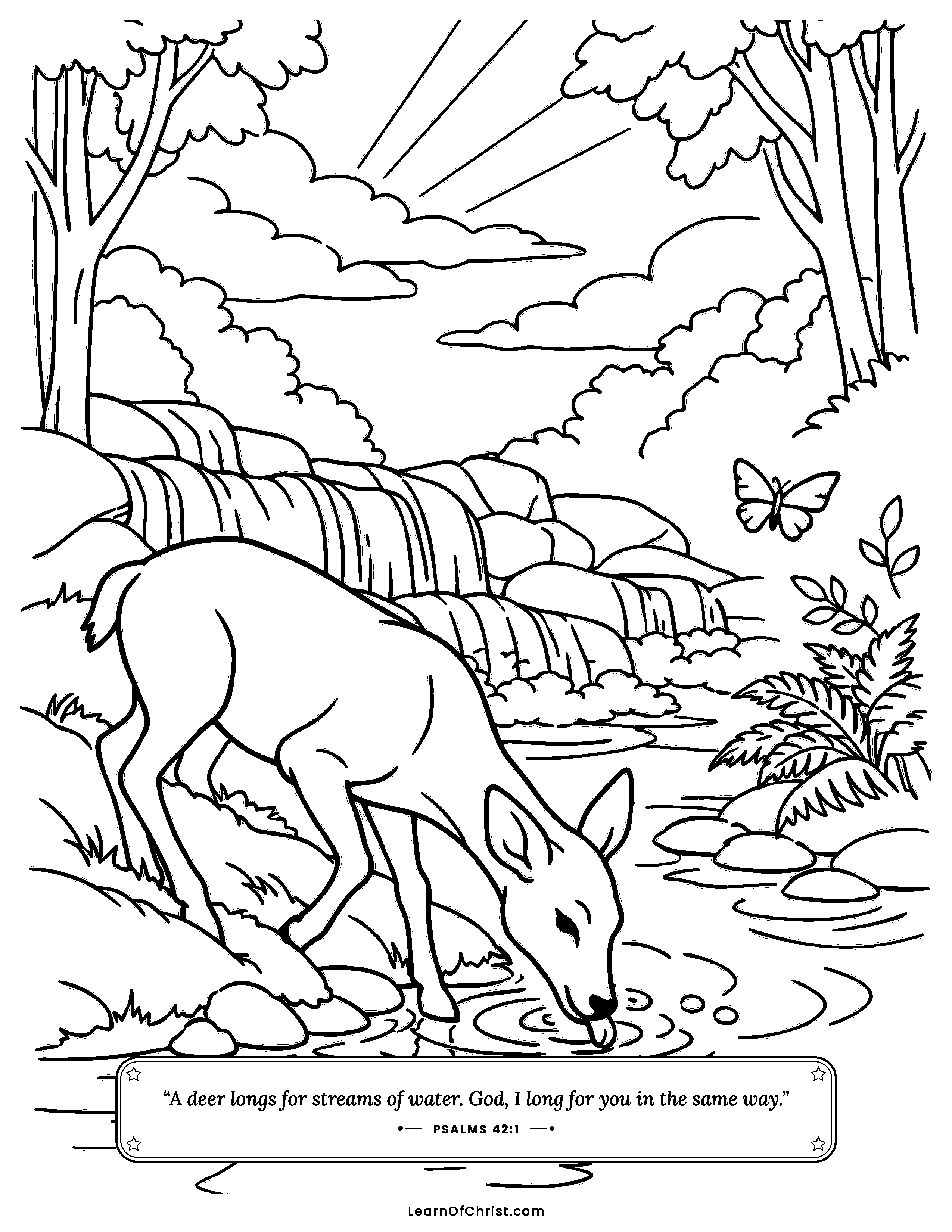 Psalms 42 coloring page - A thirsty deer finds the stream. Free printable Bible coloring sheet for kids.