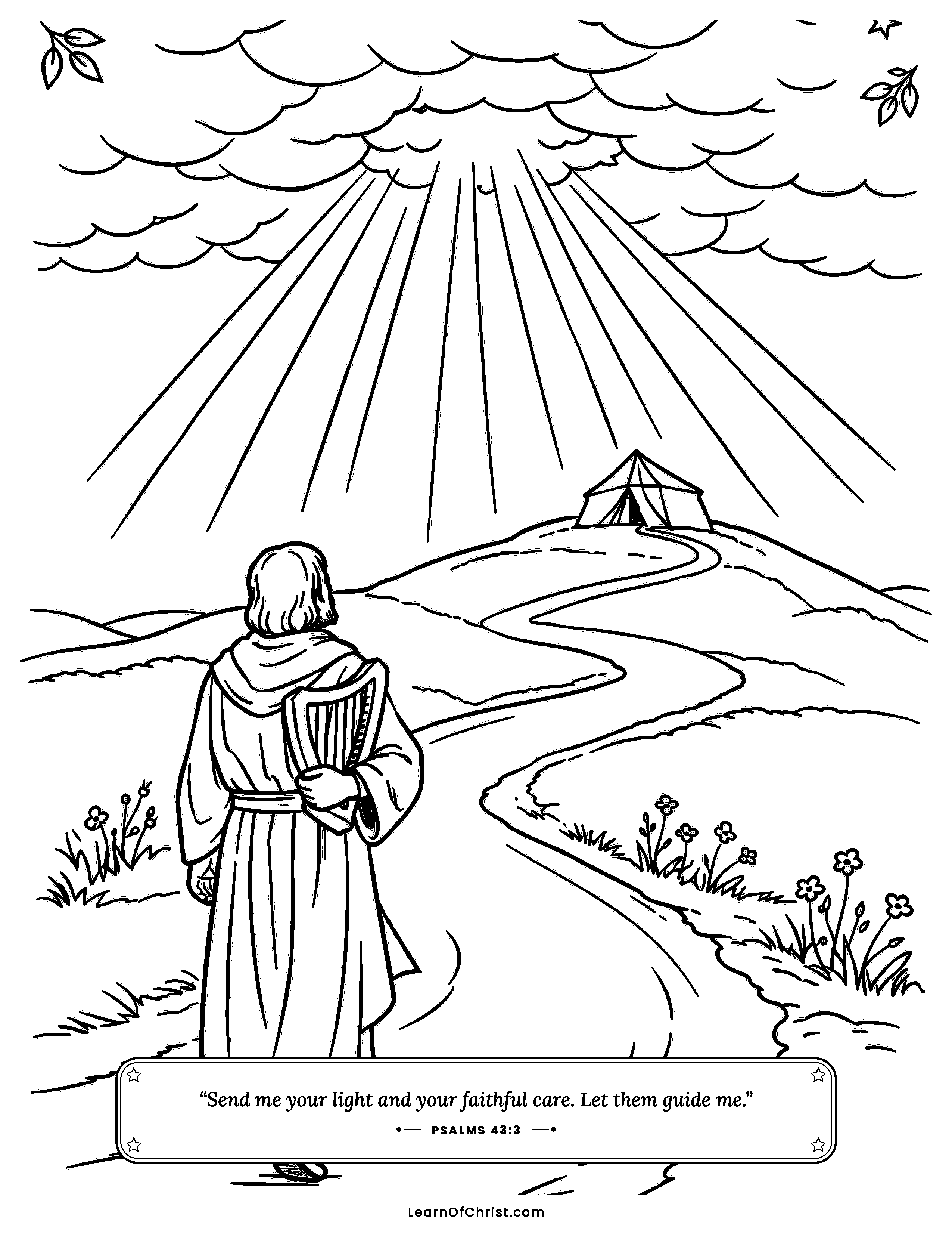 Psalms 43 coloring page - Following the light back home. Free printable Bible coloring sheet for kids.