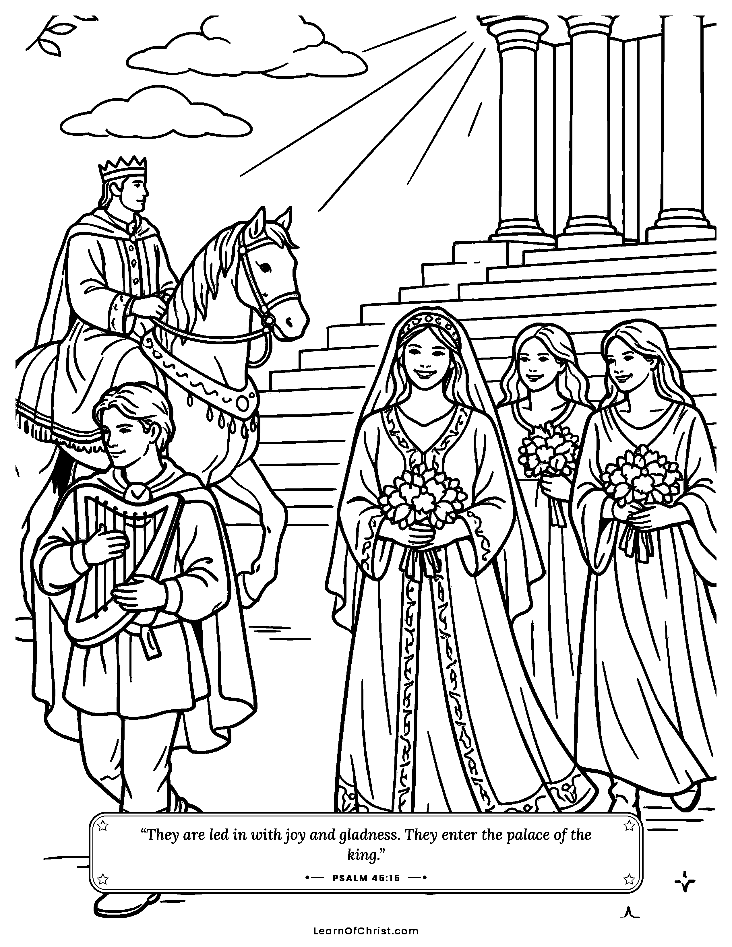 Psalms 45 coloring page - A joyful royal wedding procession. Free printable Bible coloring sheet for kids.