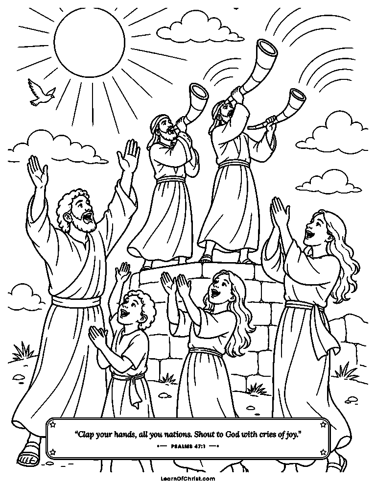 Psalms 47 coloring page - Everyone claps and the trumpets sound