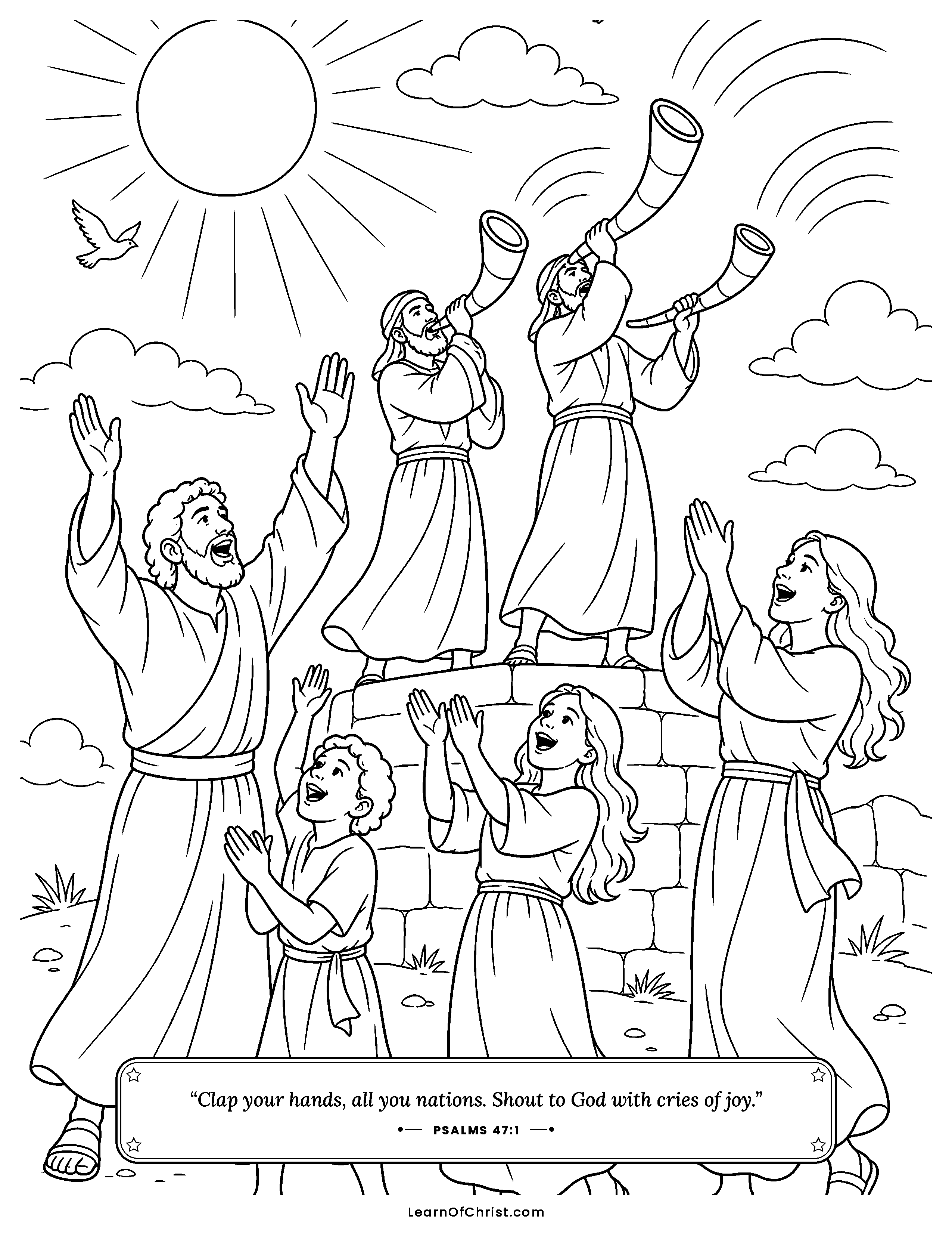Psalms 47 coloring page - Everyone claps and the trumpets sound. Free printable Bible coloring sheet for kids.