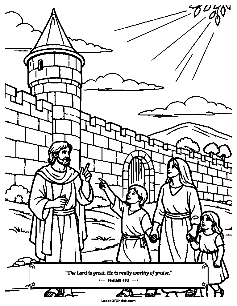 Psalms 48 coloring page - Walking the wall and counting the towers