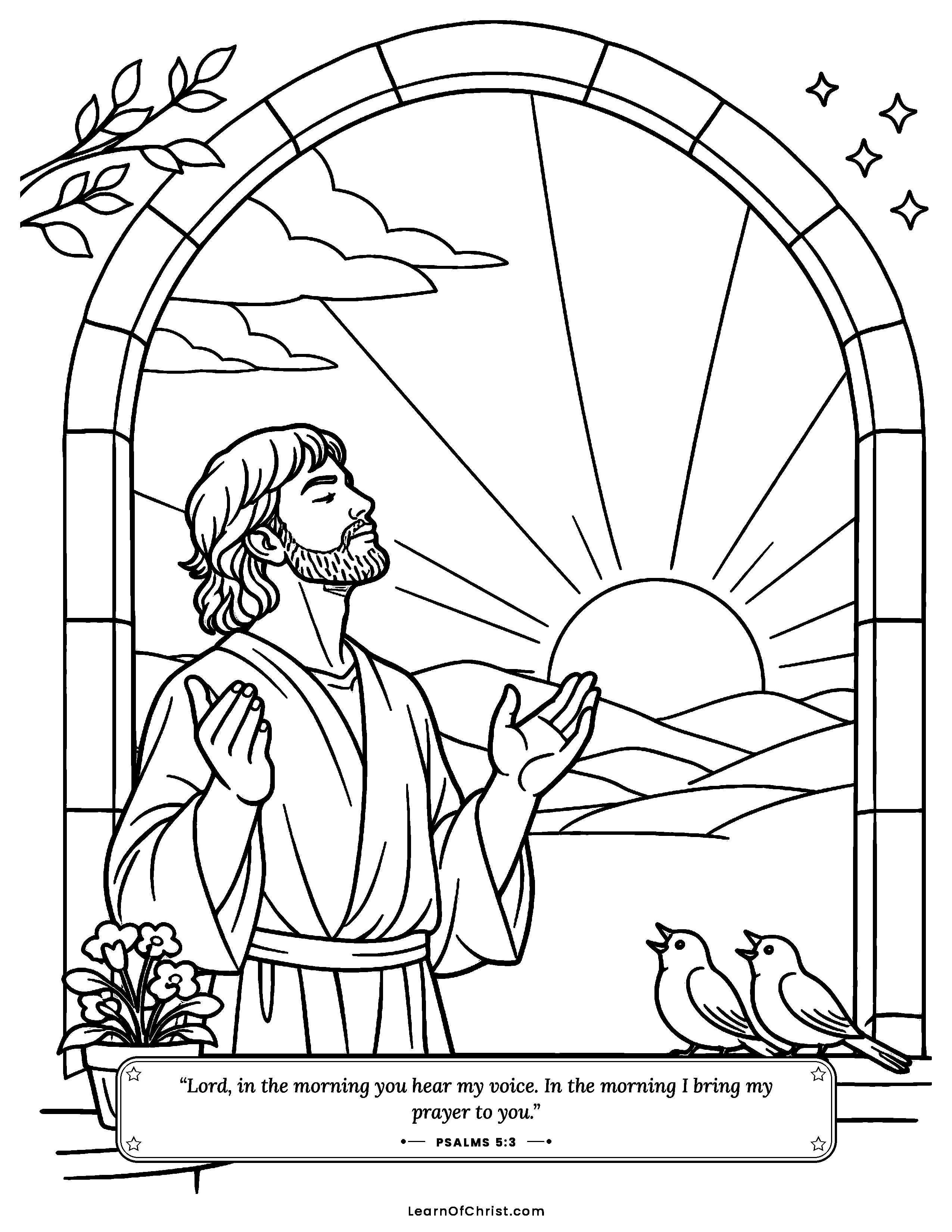 Psalms 5 coloring page - Morning prayer at the open window. Free printable Bible coloring sheet for kids.