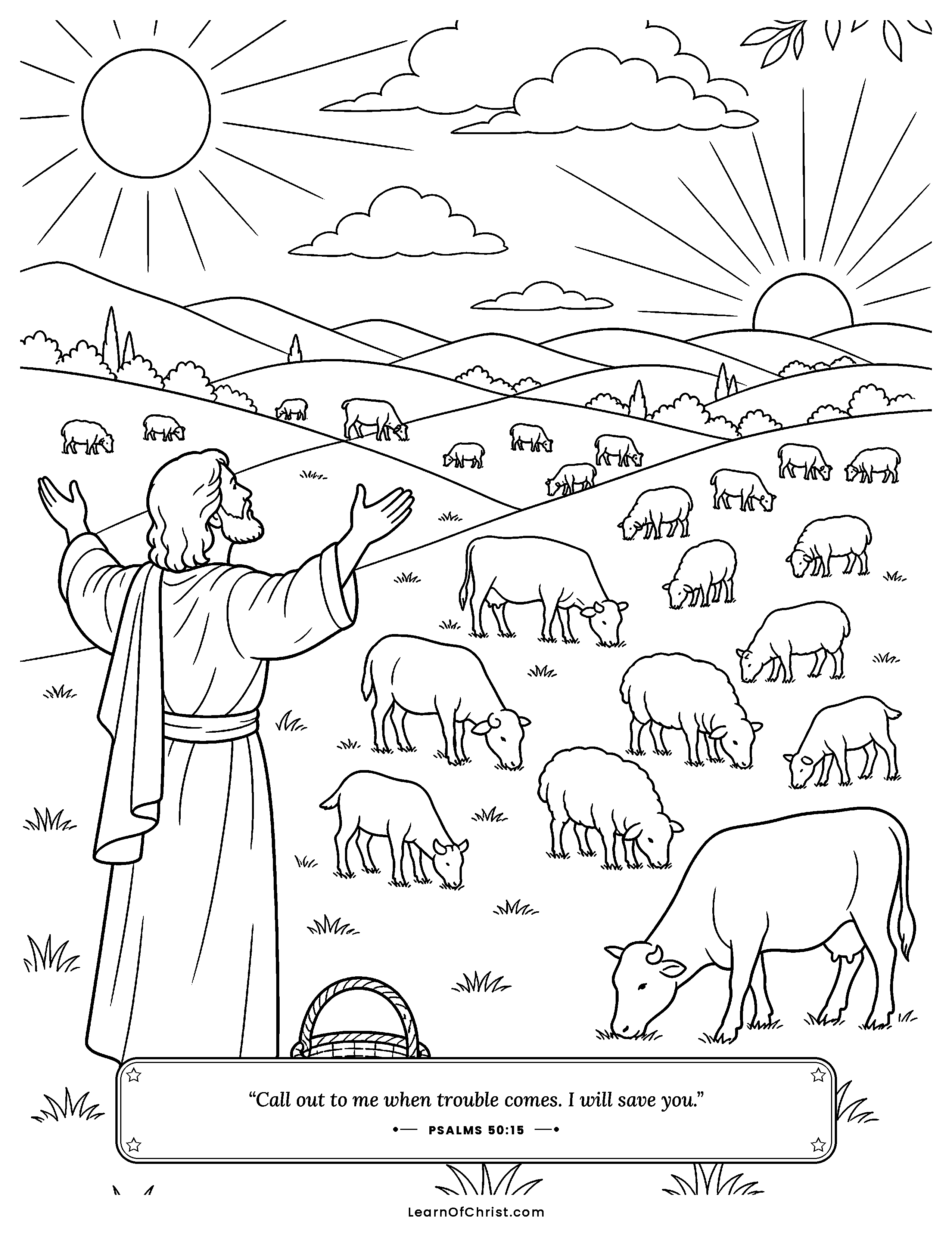 Psalms 50 coloring page - Cattle on a thousand hills belong to God. Free printable Bible coloring sheet for kids.