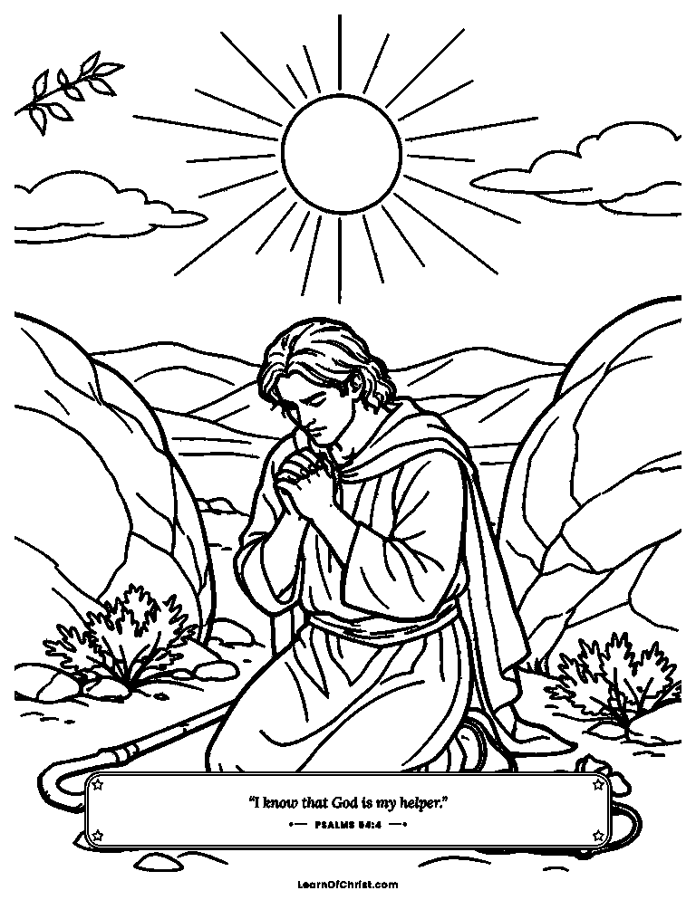 Psalms 54 coloring page - A quick prayer among the desert rocks