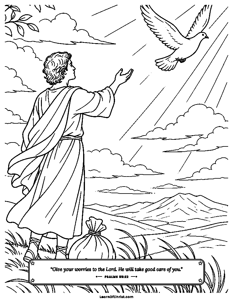 Psalms 55 coloring page - Watching the dove fly toward quiet hills