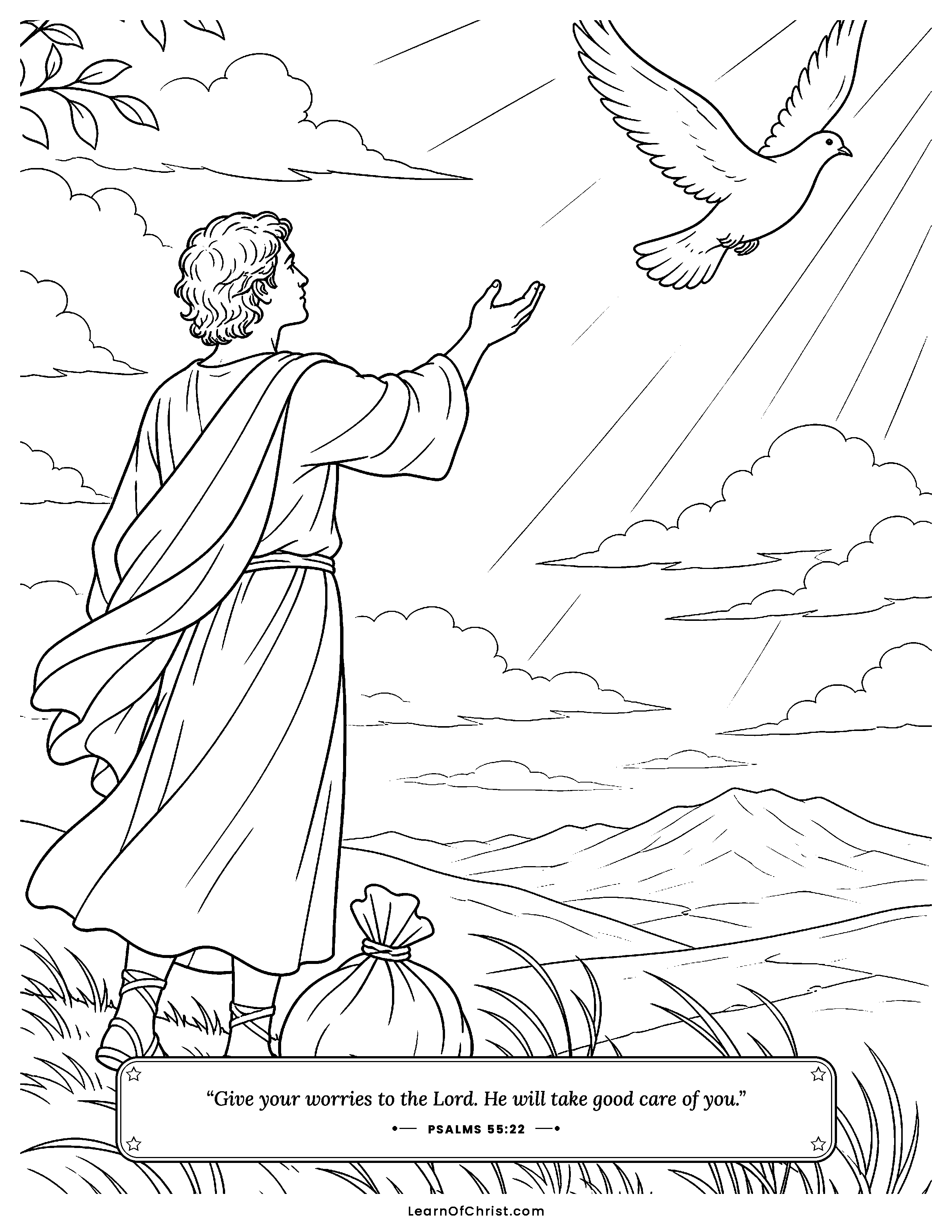Psalms 55 coloring page - Watching the dove fly toward quiet hills. Free printable Bible coloring sheet for kids.