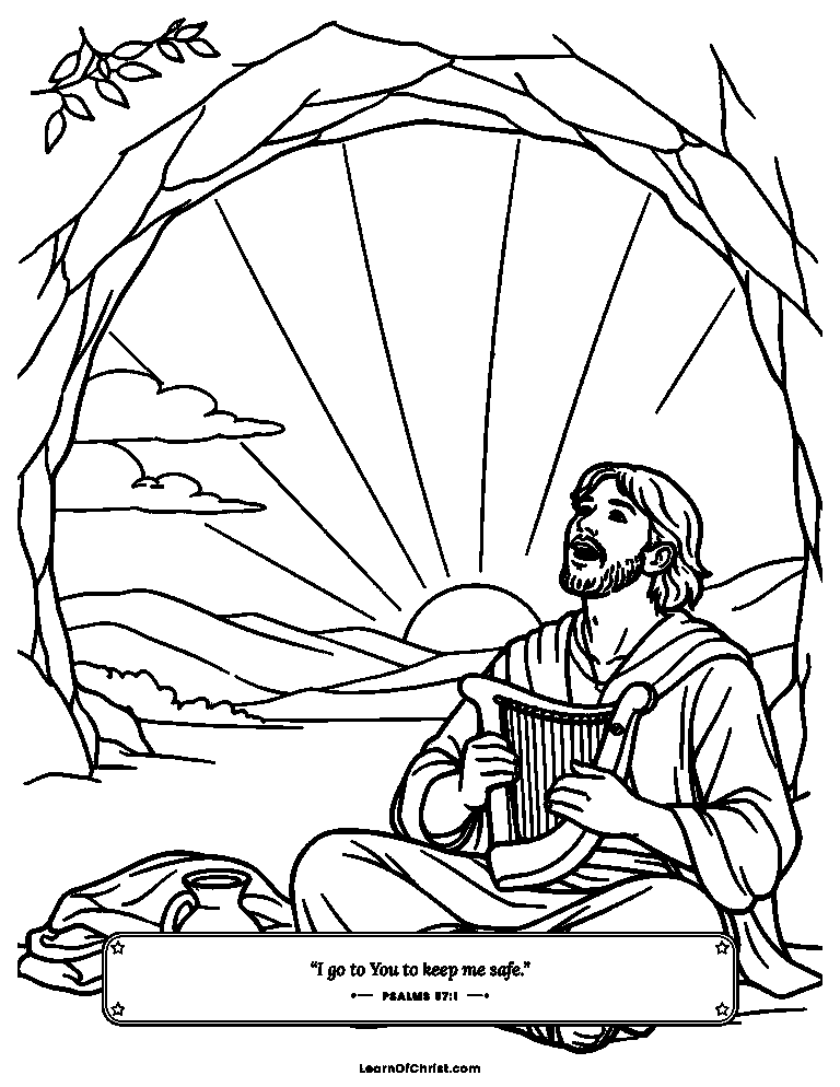 Psalms 57 coloring page - Singing at the mouth of the cave