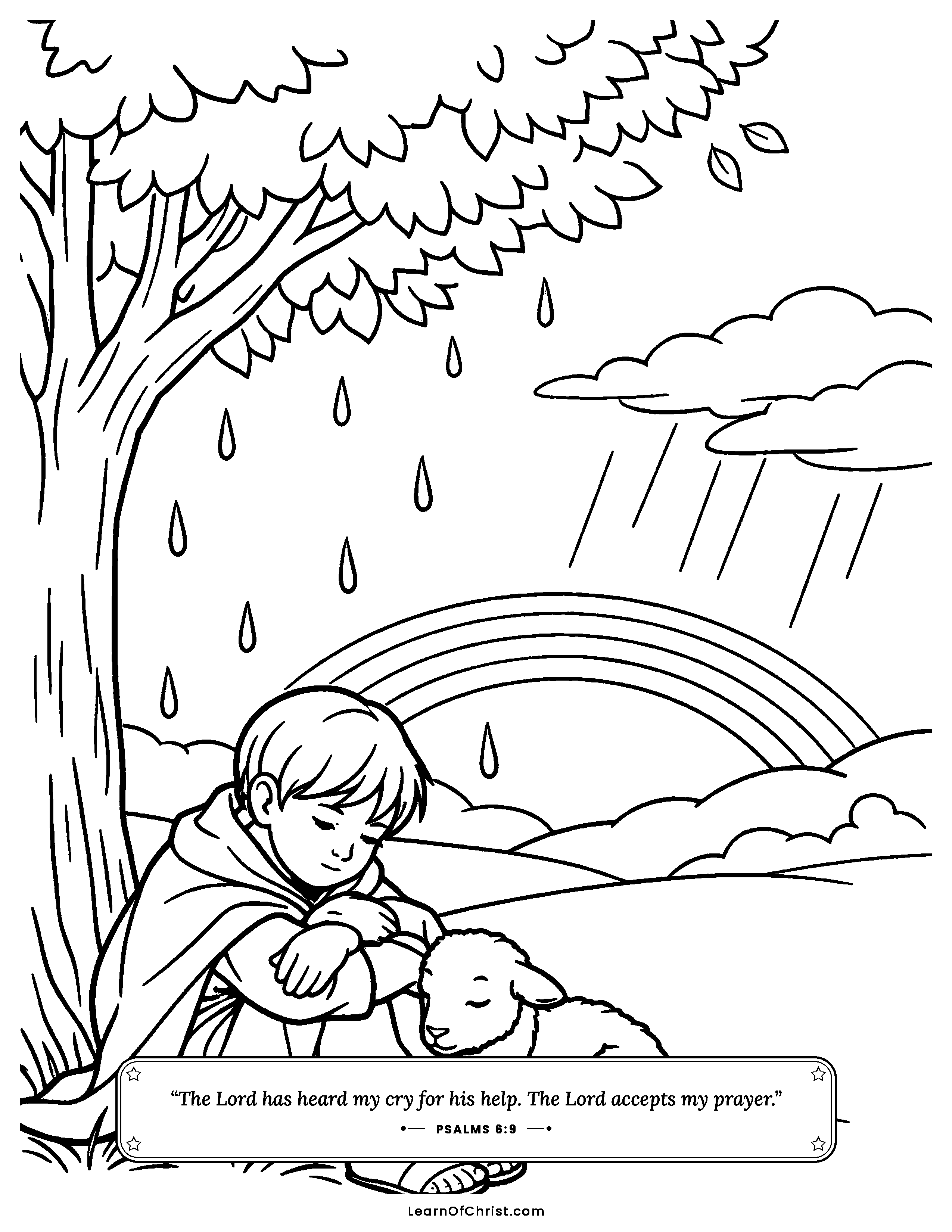 Psalms 6 coloring page - God is near when tears come. Free printable Bible coloring sheet for kids.