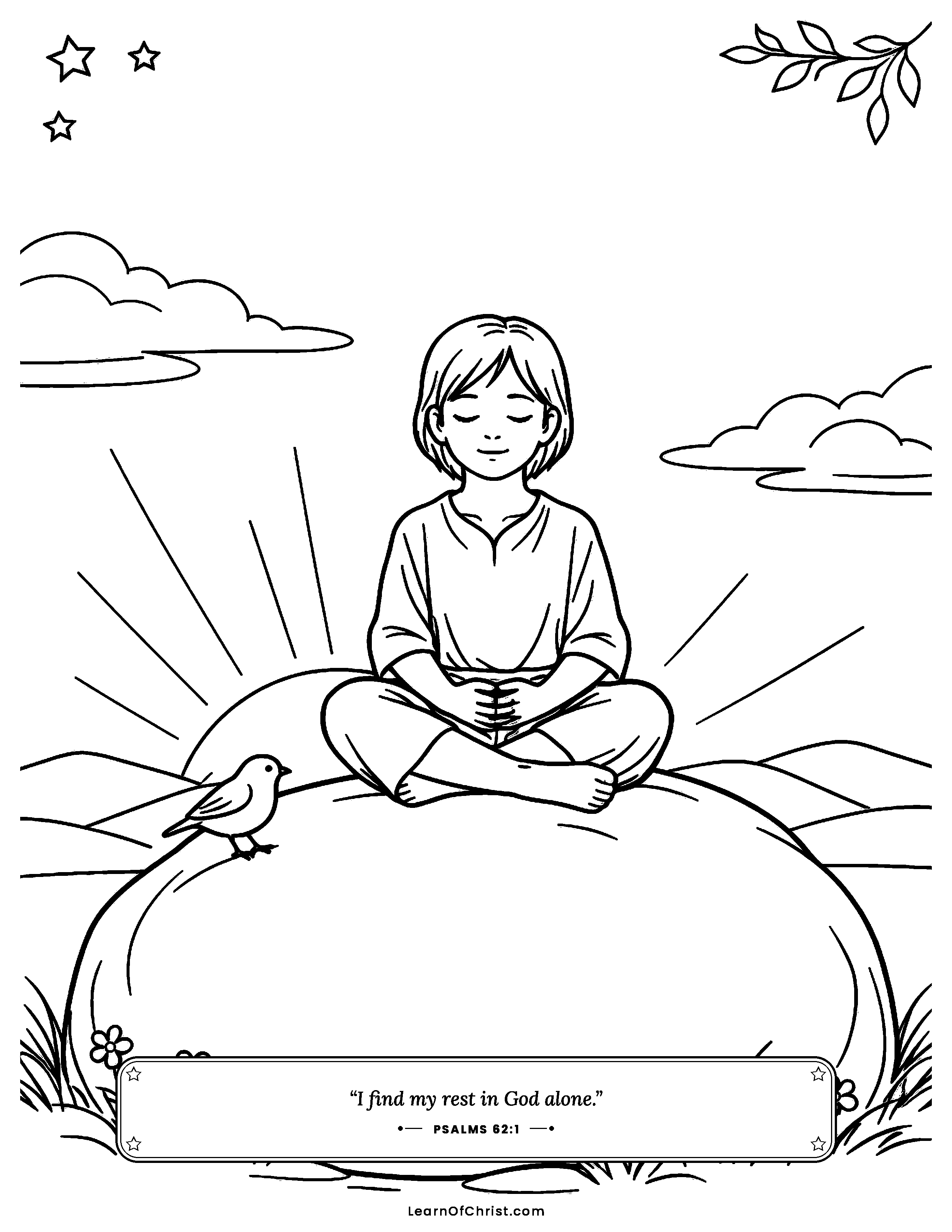 Psalms 62 coloring page - Quiet rest on a steady rock. Free printable Bible coloring sheet for kids.
