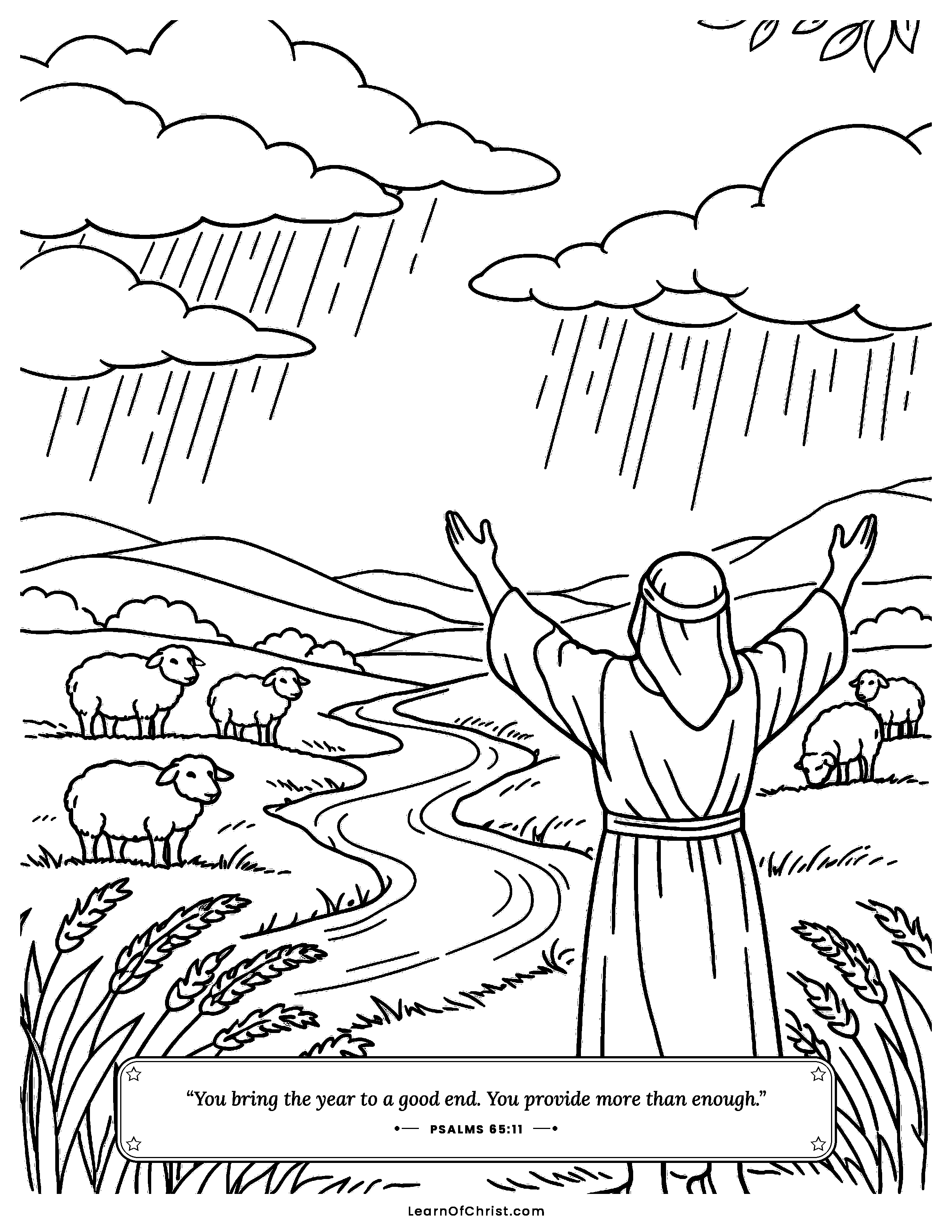 Psalms 65 coloring page - Rain fills the fields with harvest. Free printable Bible coloring sheet for kids.