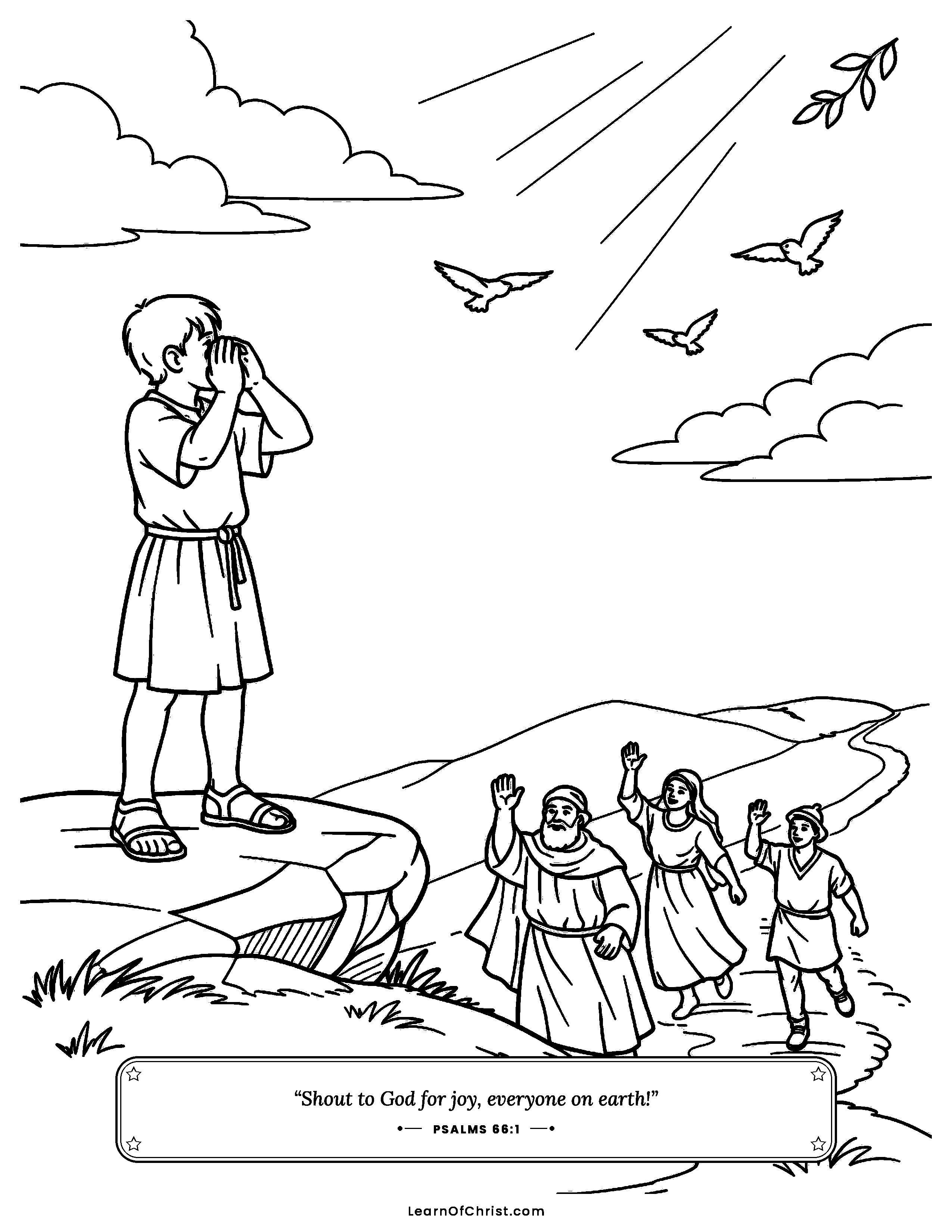 Psalms 66 coloring page - A boy shouts come and see. Free printable Bible coloring sheet for kids.