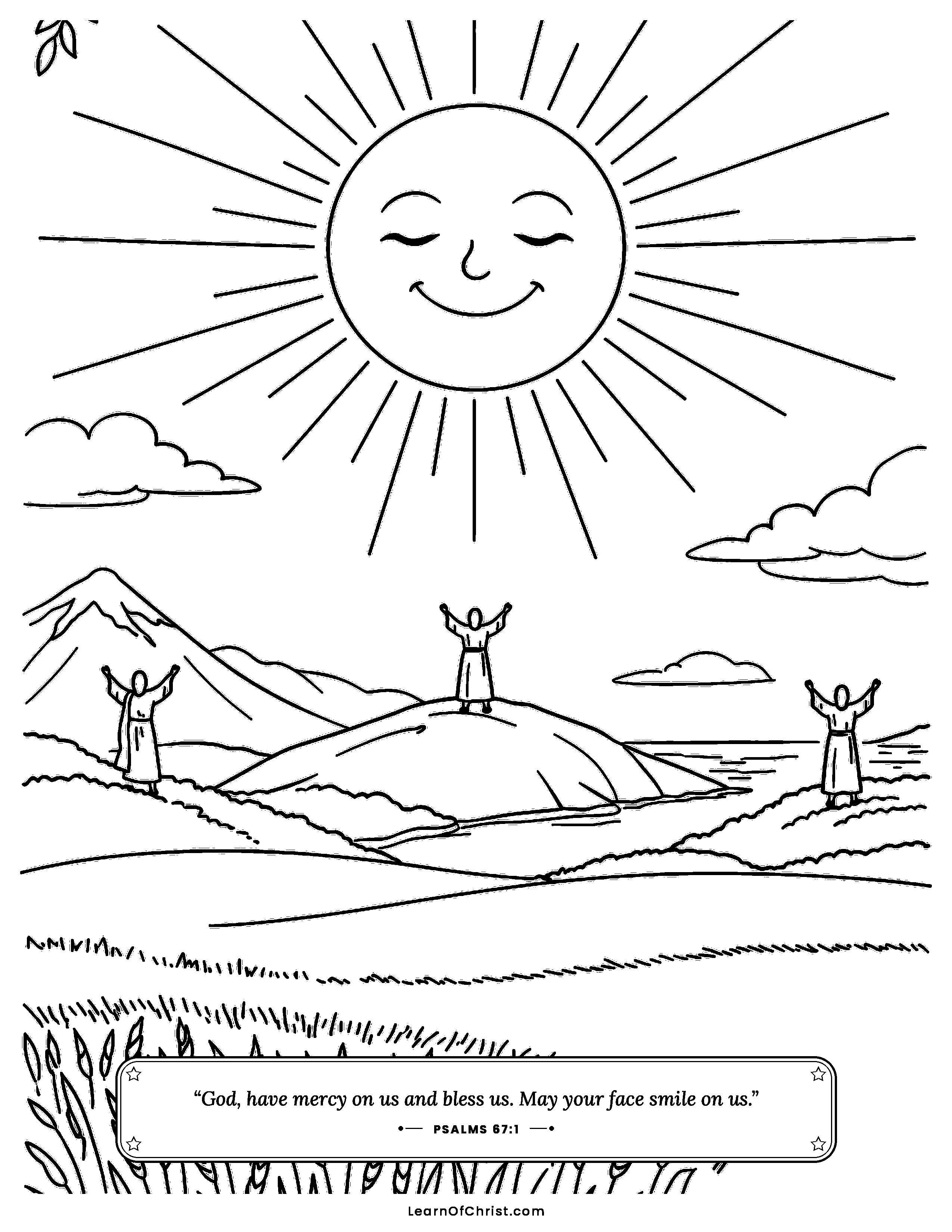 Psalms 67 coloring page - God's blessing shines on every land. Free printable Bible coloring sheet for kids.