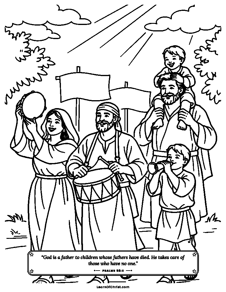 Psalms 68 coloring page - A happy parade of drums and tambourines