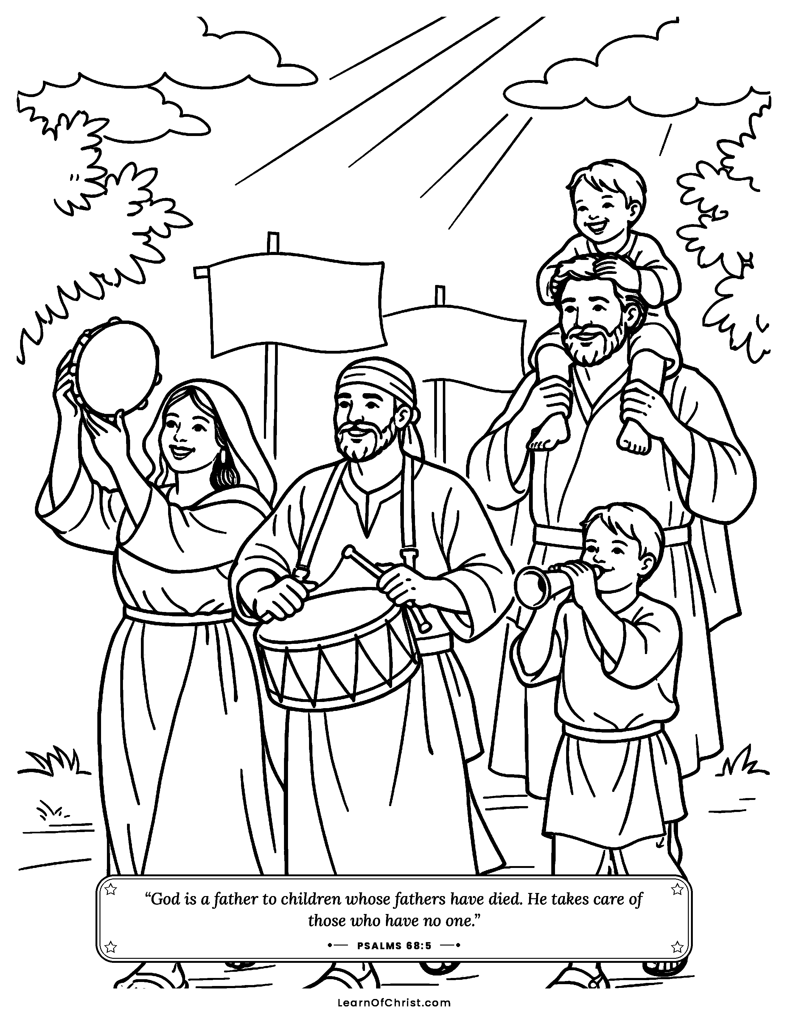 Psalms 68 coloring page - A happy parade of drums and tambourines. Free printable Bible coloring sheet for kids.