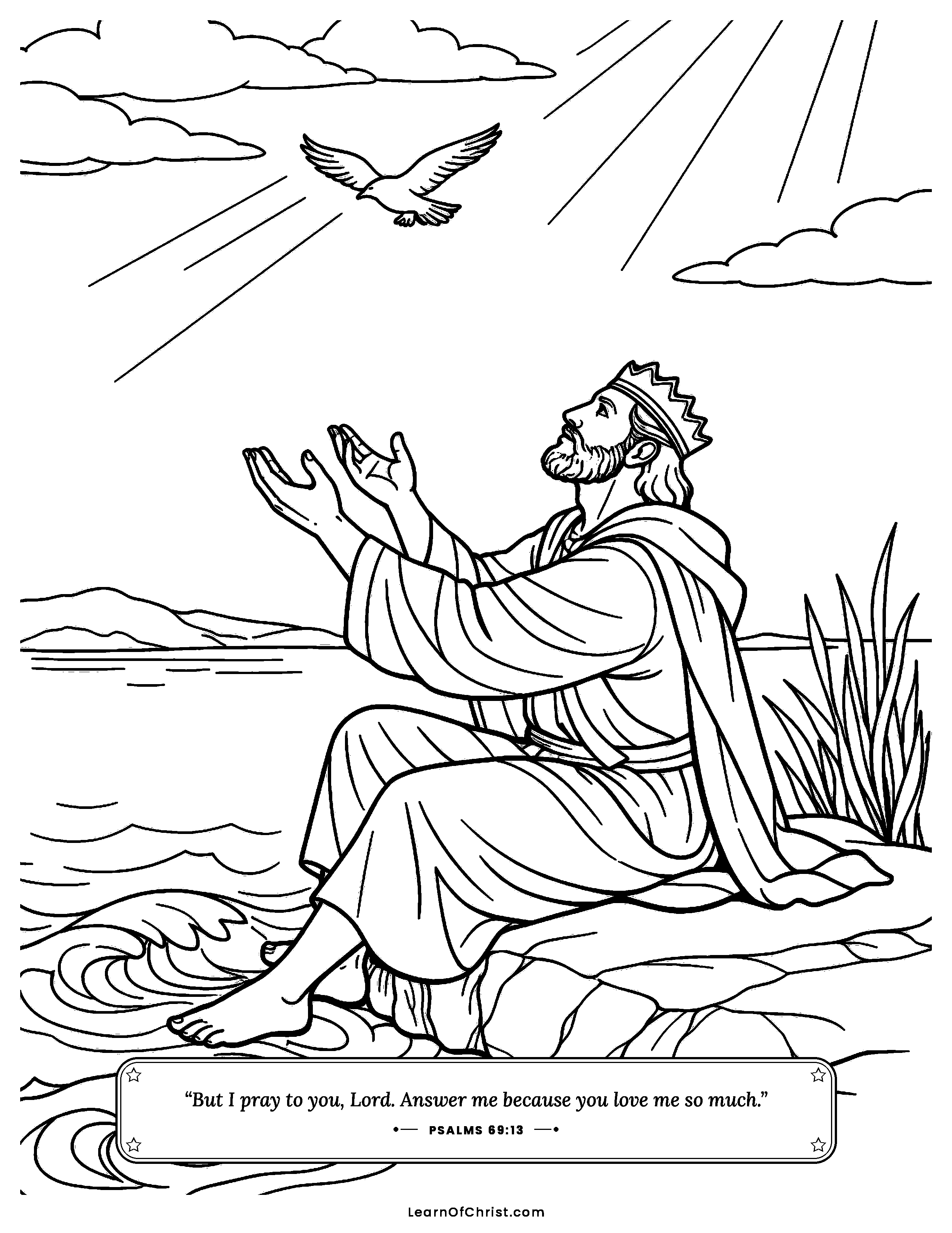 Psalms 69 coloring page - David prays beside the rising waves. Free printable Bible coloring sheet for kids.