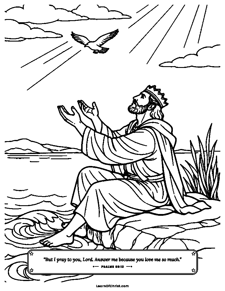 Psalms 69 coloring page - David prays beside the rising waves