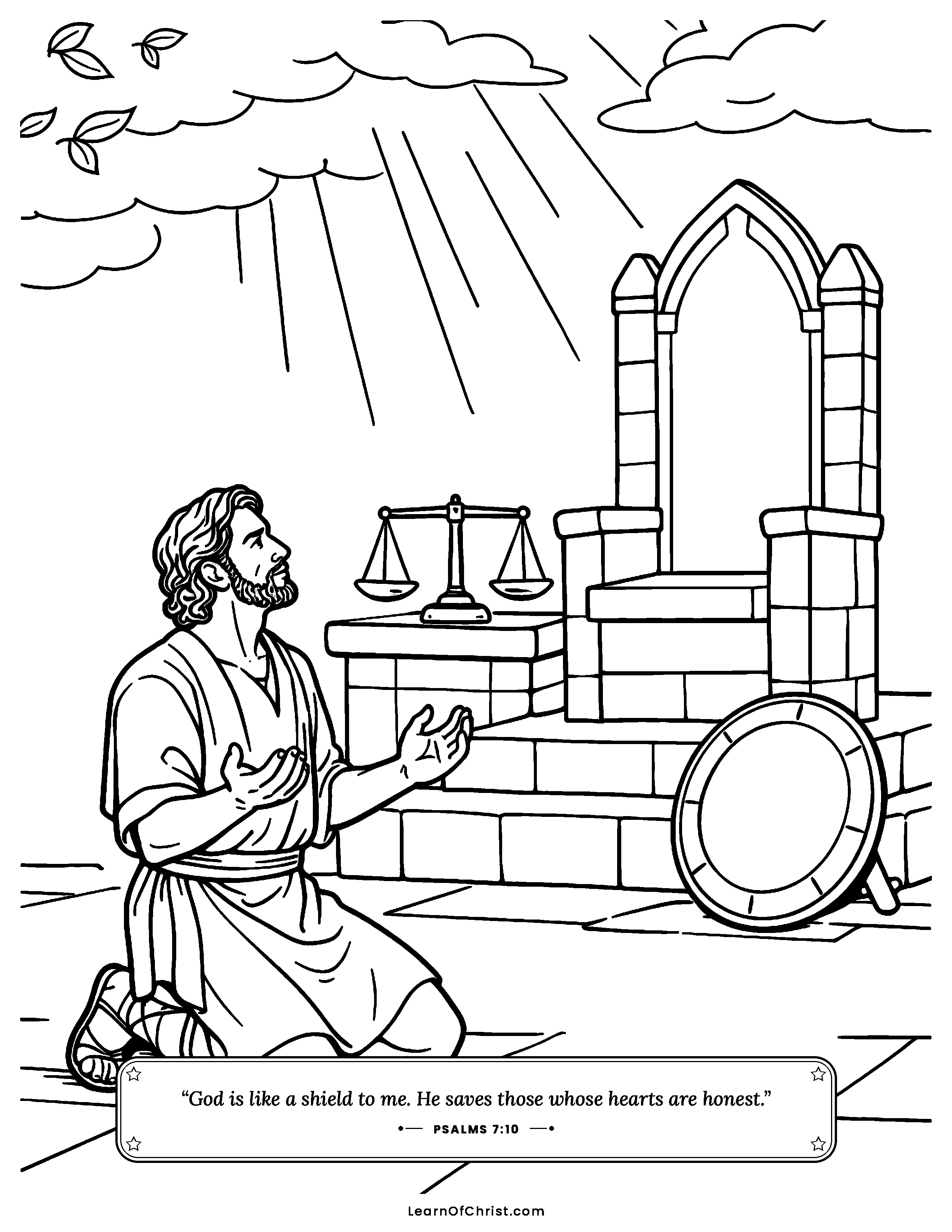 Psalms 7 coloring page - Bringing an unfair day to the Judge. Free printable Bible coloring sheet for kids.